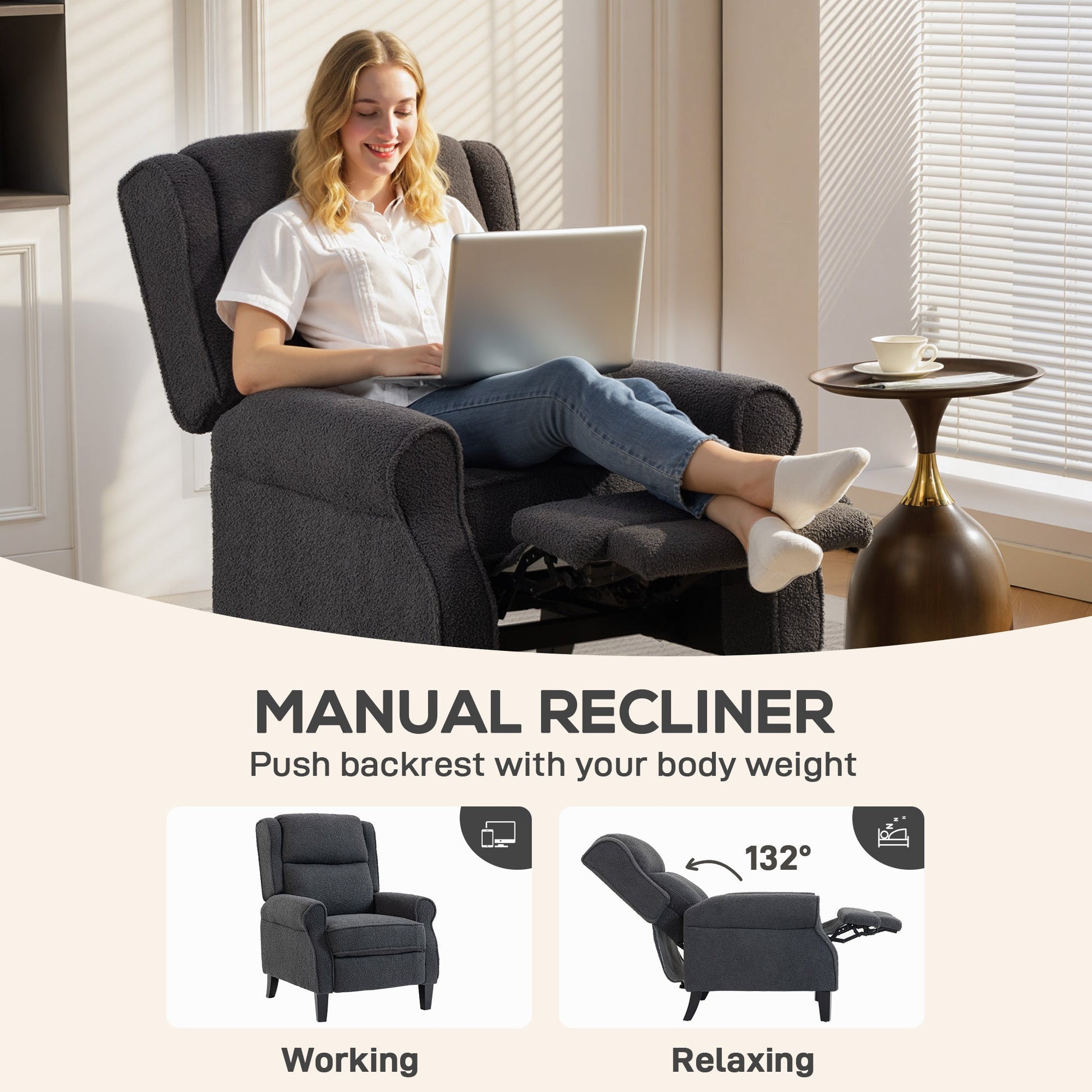 132° Recliner Armchair, with Extended Footrest - Dark Grey