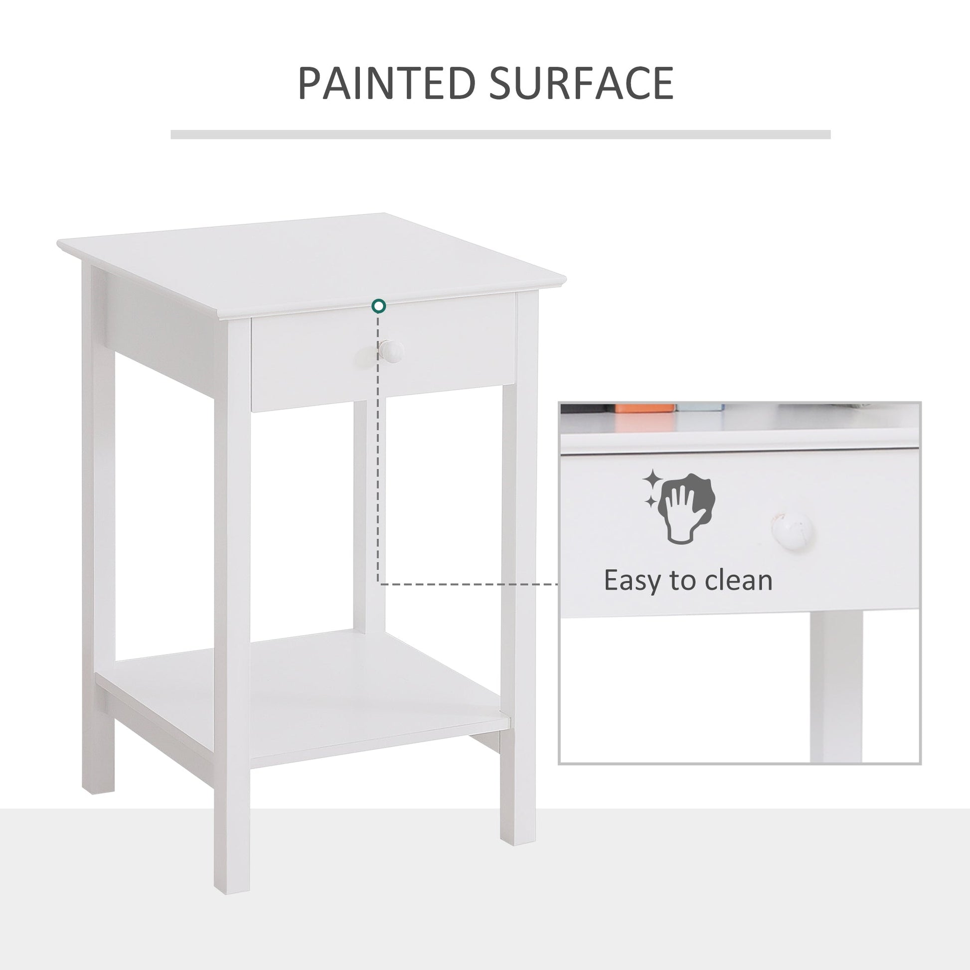 White Bedside Table, Wooden Side Table, Nightstand, Bedside Cabinet with Drawer and Storage Shelf for Bedroom and Living Room