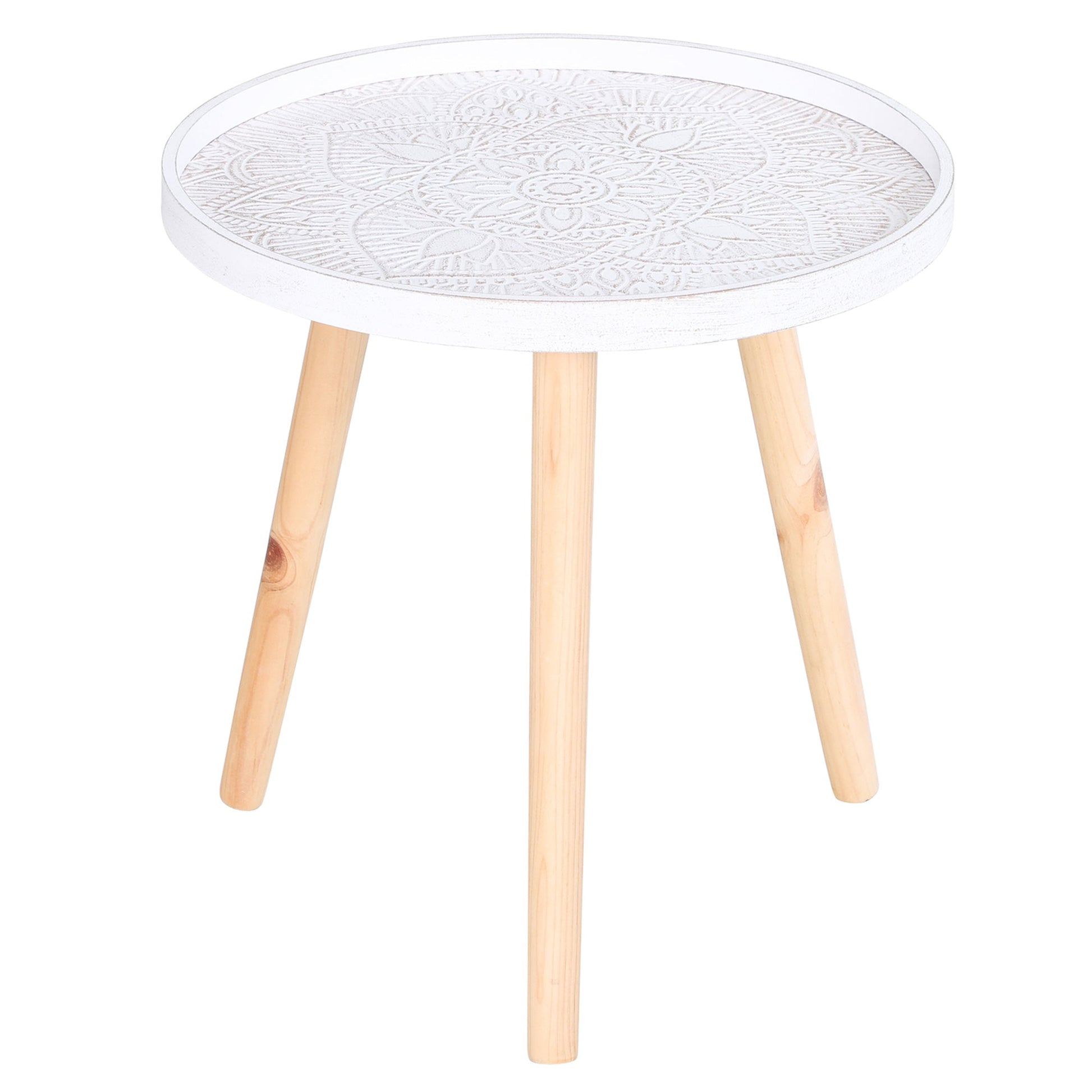 Coffee Table, Carved Floral Round Table with Tray-style Top and Wood Legs, Modern Side Table for Living Room, White