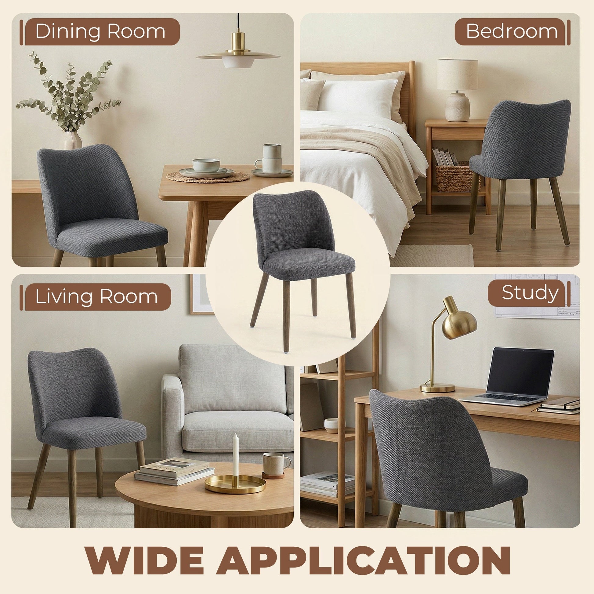 Dining Chairs Set of 2, Linen Upholstered Kitchen Chairs with Padded Seat, Curved Backrest, Rubberwood Legs, Dark Grey