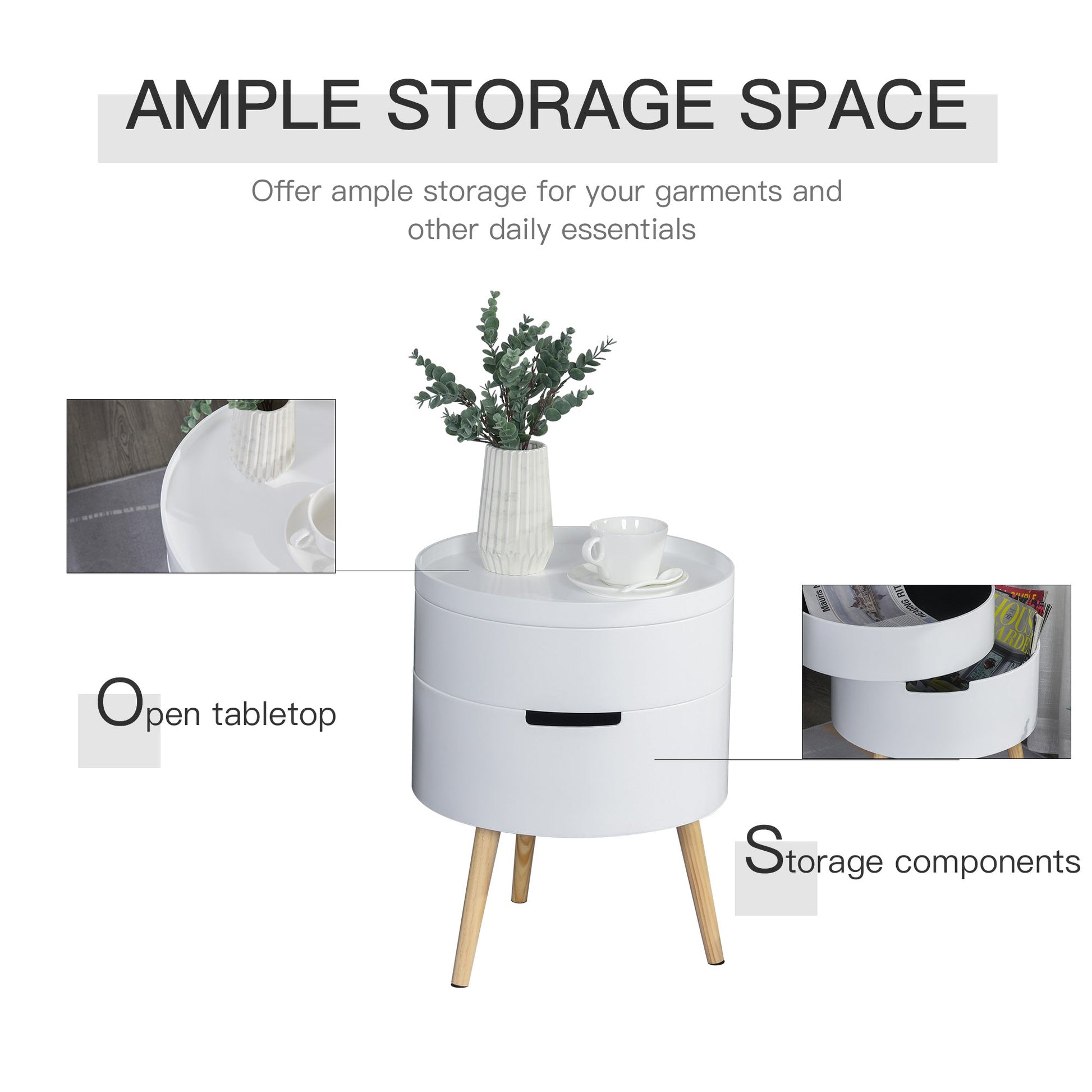 3-Tier Coffee Table, Round End Table with 2 Hidden Compartments and Detachable Tray, Side Table with Storage for Living Room, White