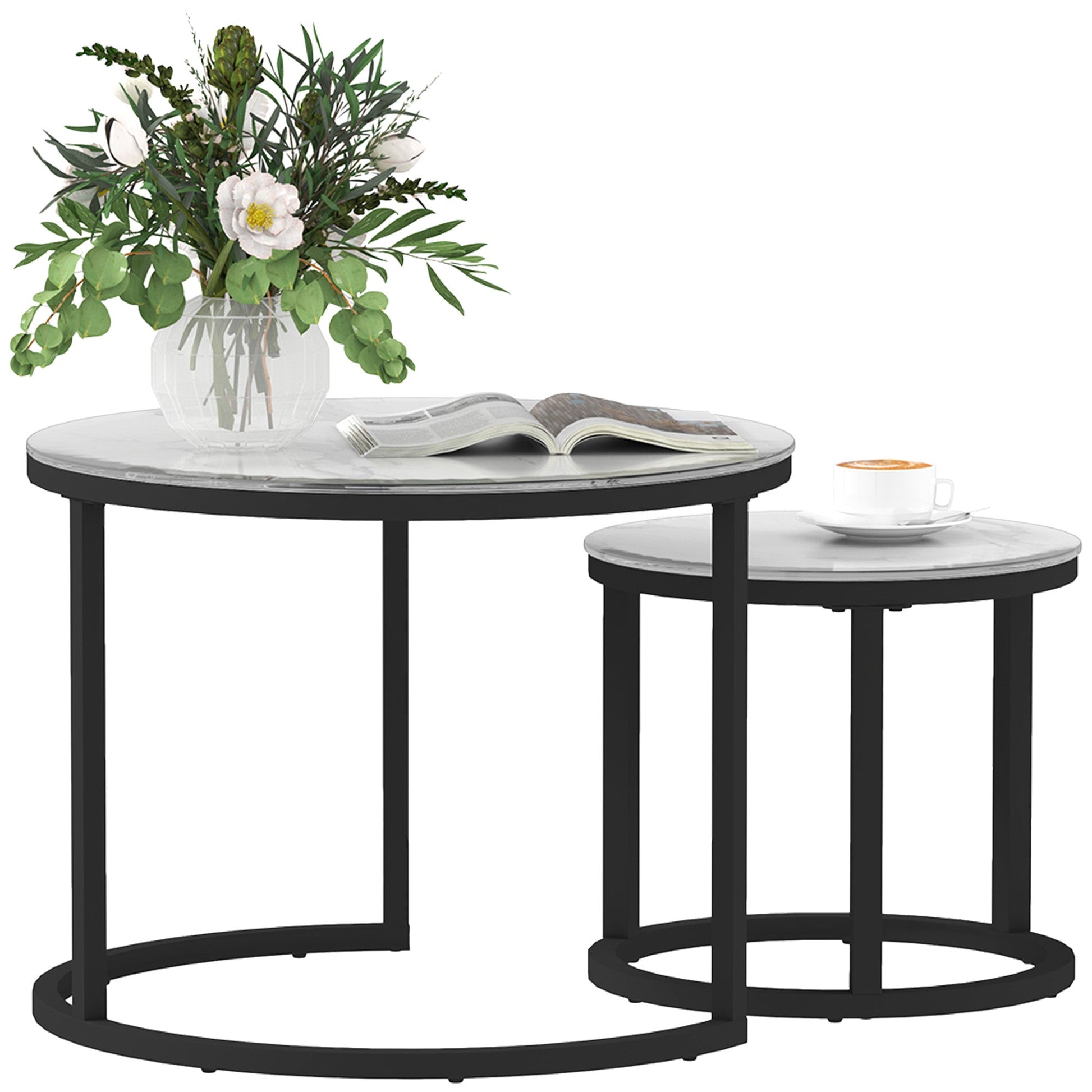 Glass Coffee Table Set of 2, Round Nest of Tables with Marble-Effect Tempered Glass Tabletop and Steel Frame, Modern Side Tables for Living Room, White