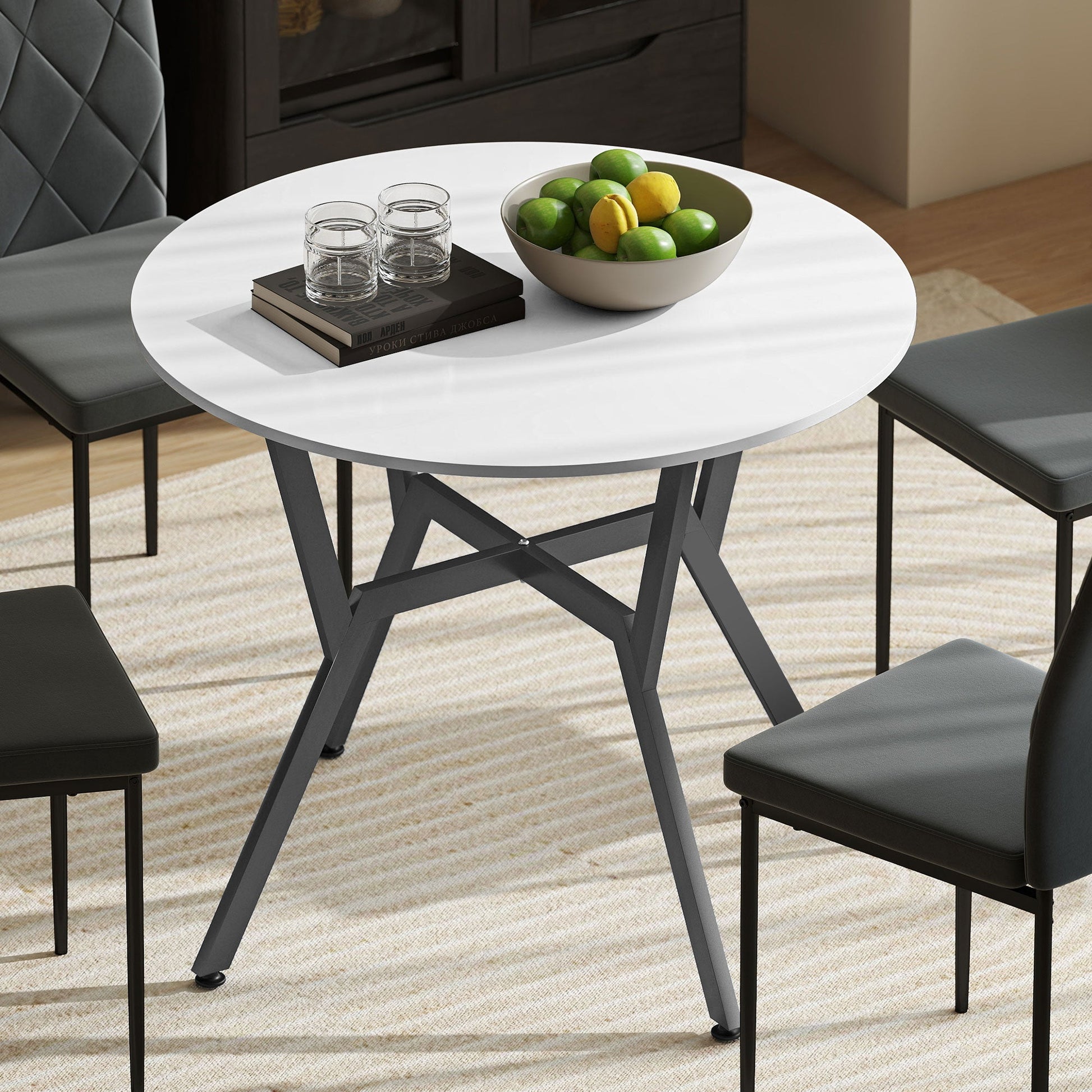 Dining Table, Round Kitchen Table with Black Legs for Living Room, Dining Room 90 x 76 cm, High Gloss White