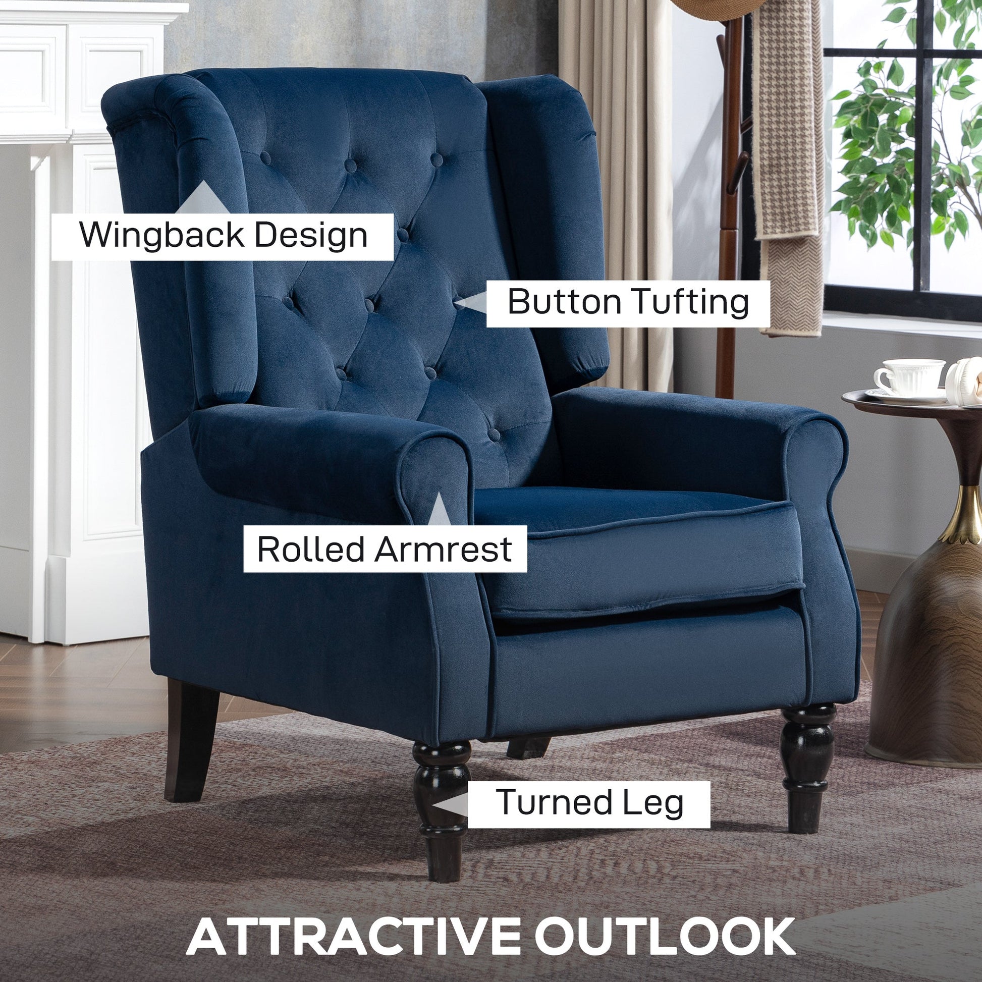 Wingback Accent Chair, Retro Upholstered Button Tufted Occasional Chair for Living Room and Bedroom, Dark Blue