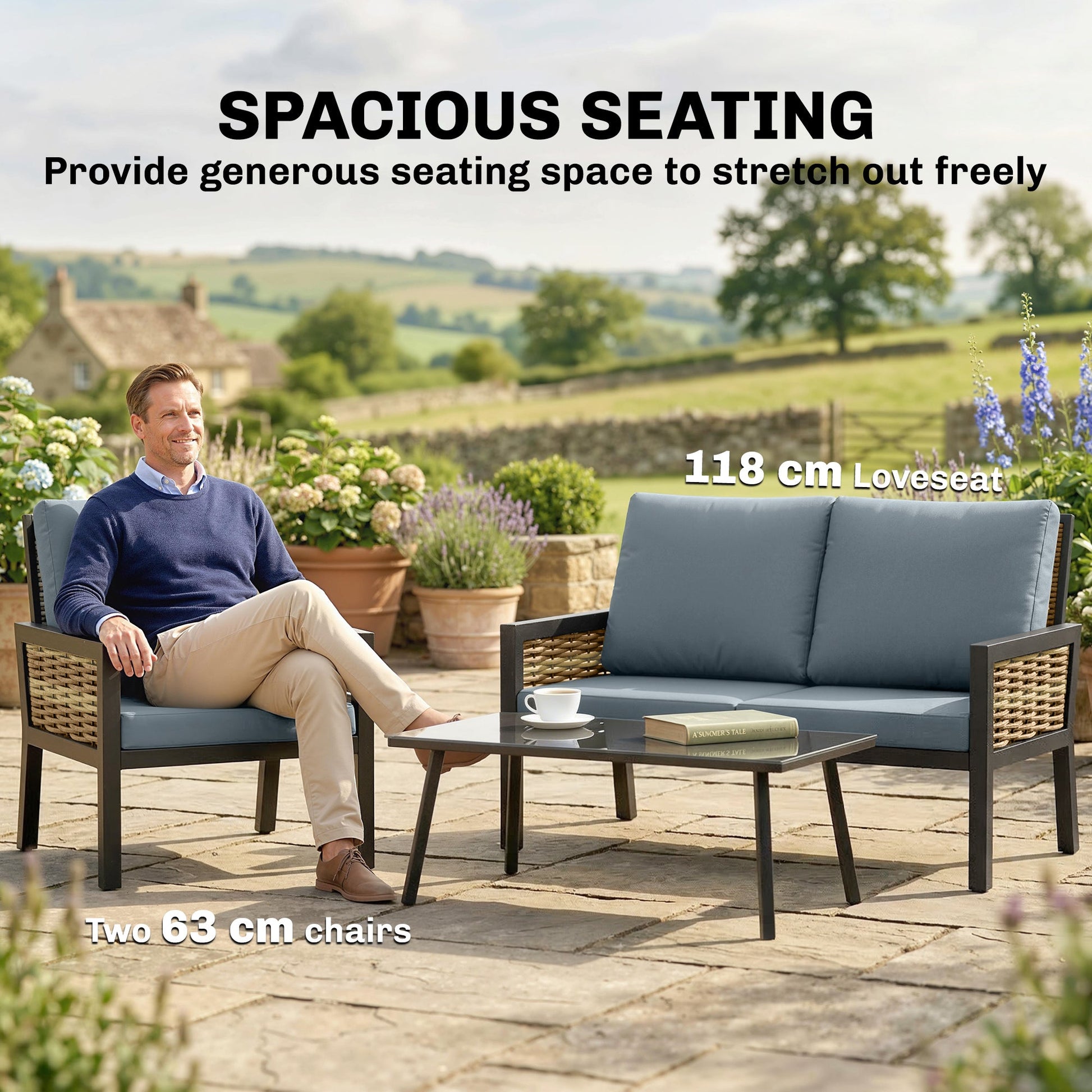 4 Seater Rattan Garden Furniture Set with 2 Armchairs, Loveseat, Coffee Table, Garden Sofa Set with Cushions, Grey