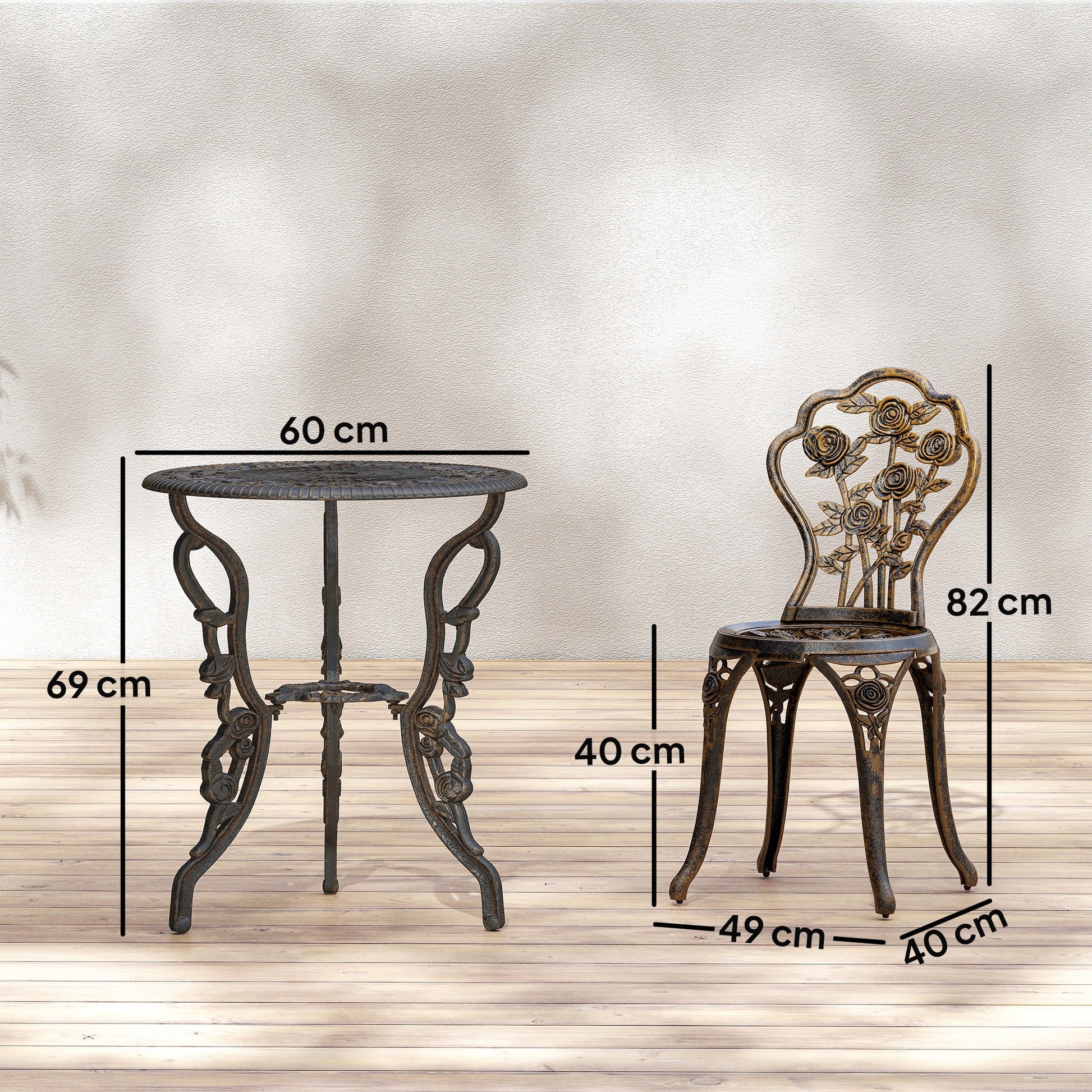 Outdoor Bistro Set Vintage Rose Design Patio Furniture Set with Round Table and 2 Chairs Metallic Finish