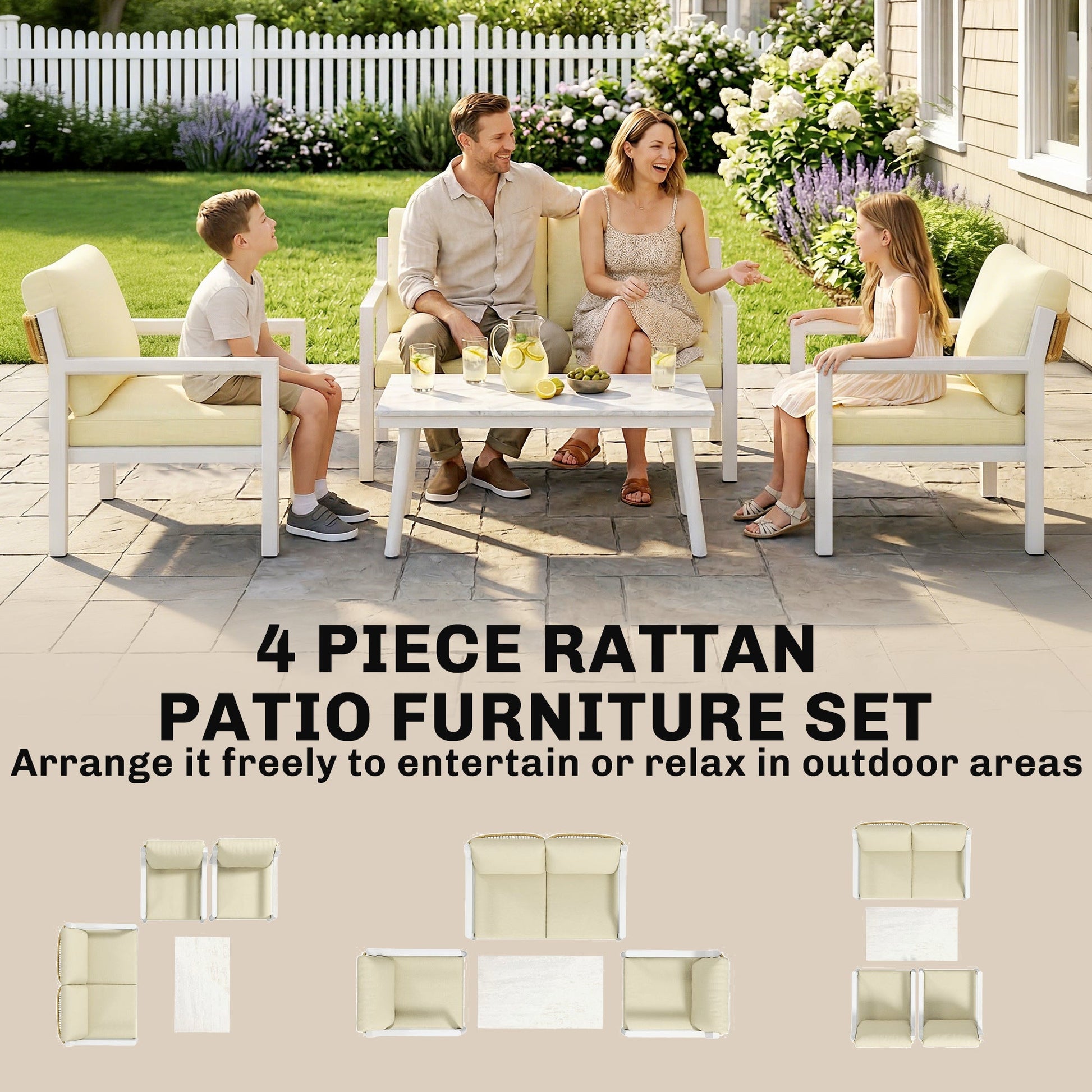4 Seater Rattan Garden Furniture Set with 2 Armchairs, Loveseat, Coffee Table, Garden Sofa Set with Cushions, Brown