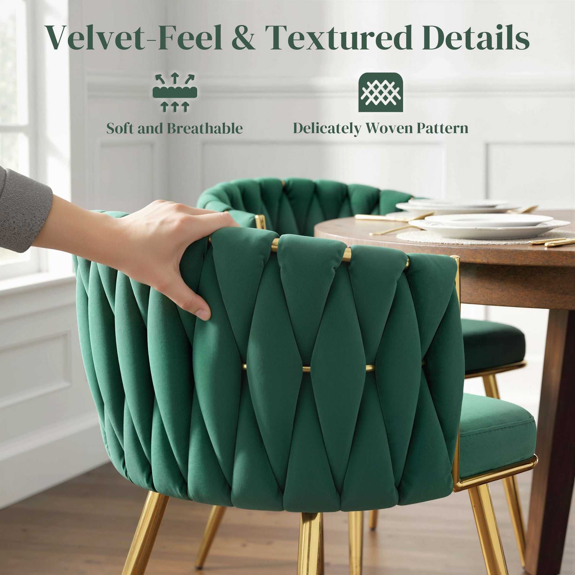Velvet-Feel Dining Chairs Set of 2, Modern Upholstered Armchair with Knot Design and Golden Metal Legs, Accent Chair for Dining Room, Bedroom, Kitchen, Living Room, Dark Green