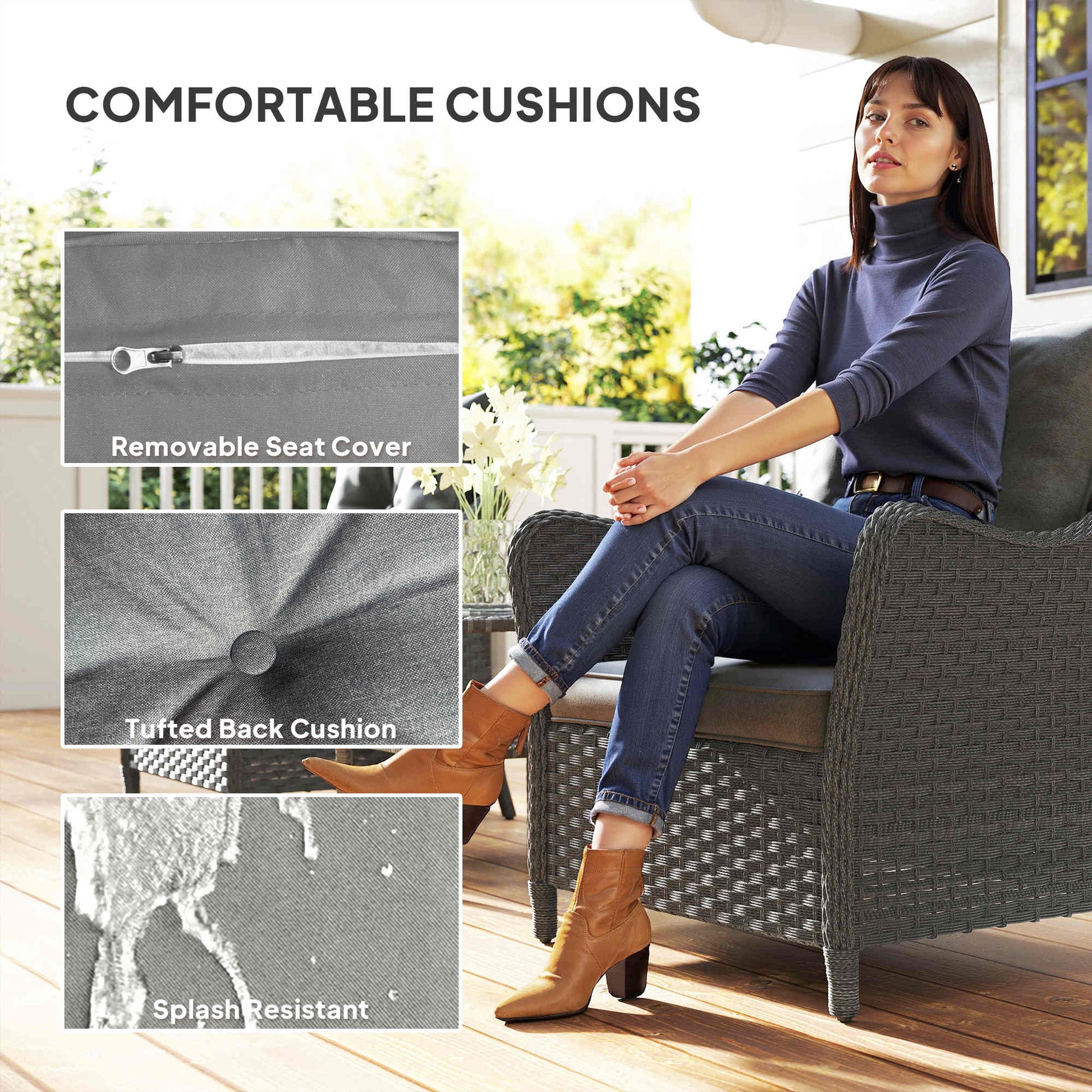Rattan Garden Chairs Set of 2, Outdoor Rattan Chairs with Cushions, Armrests and High Back, PE Wicker Garden Armchair with Steel Frame for Balcony, Porch, Dark Grey