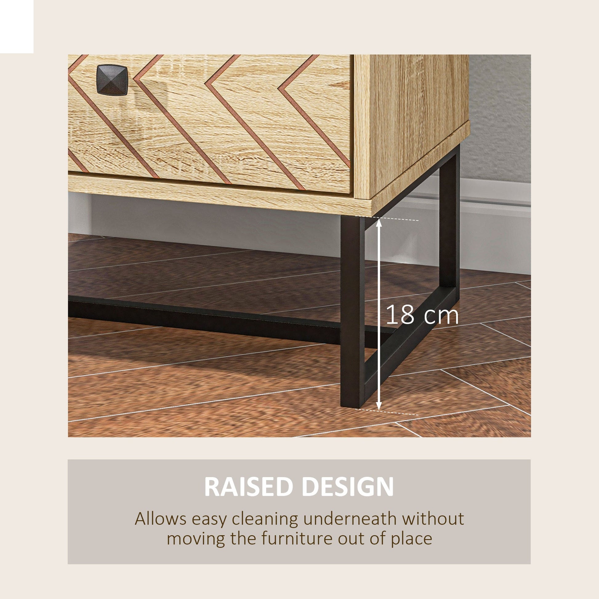 Bedside Table Nightstand Two-Drawer Bedroom Storage Unit Zig Zag Design with Black Metal Handles, Natural