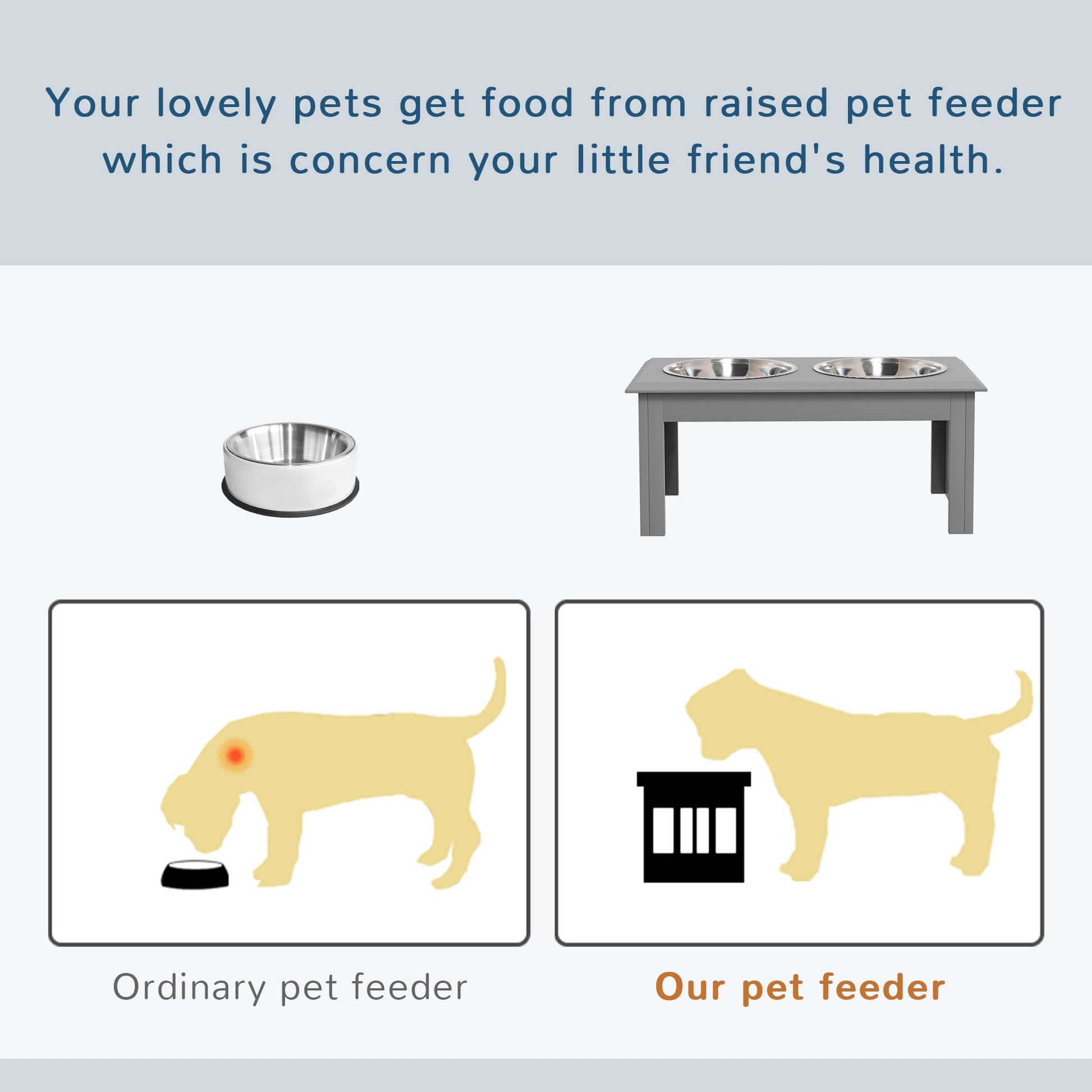 Raised Dog Feeding Bowls with Stand, Stainless Steel for Medium Dog, 58L x 31W x 25H cm - Grey