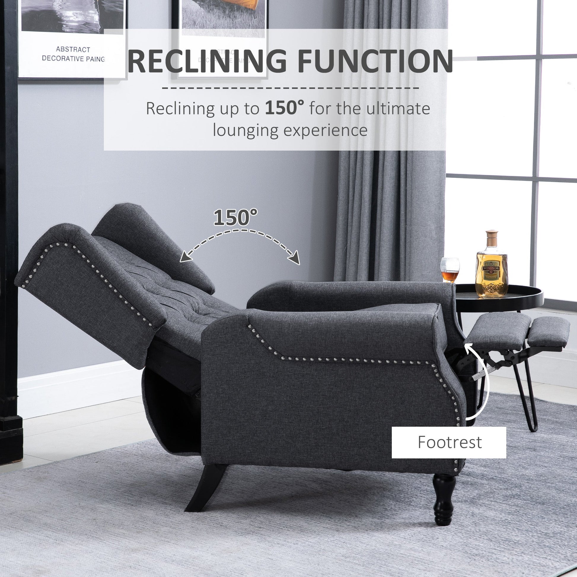 Recliner Armchair, Vintage Reclining Chair with Nail Head Trim, Wingback Chair with Button Tufted Back and Footrest, for Living Room, Dark Grey