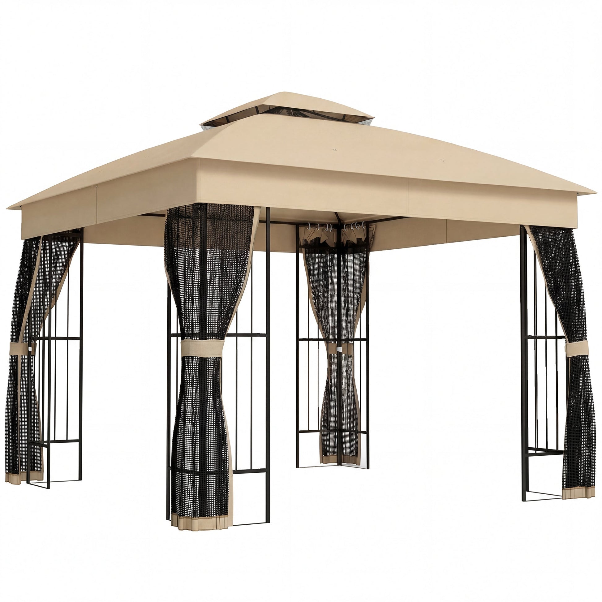 3 x 3 m Outdoor Garden Gazebo with Post Shelves, UPF50+ Double Roof Patio Permanent Pavilion, Brown
