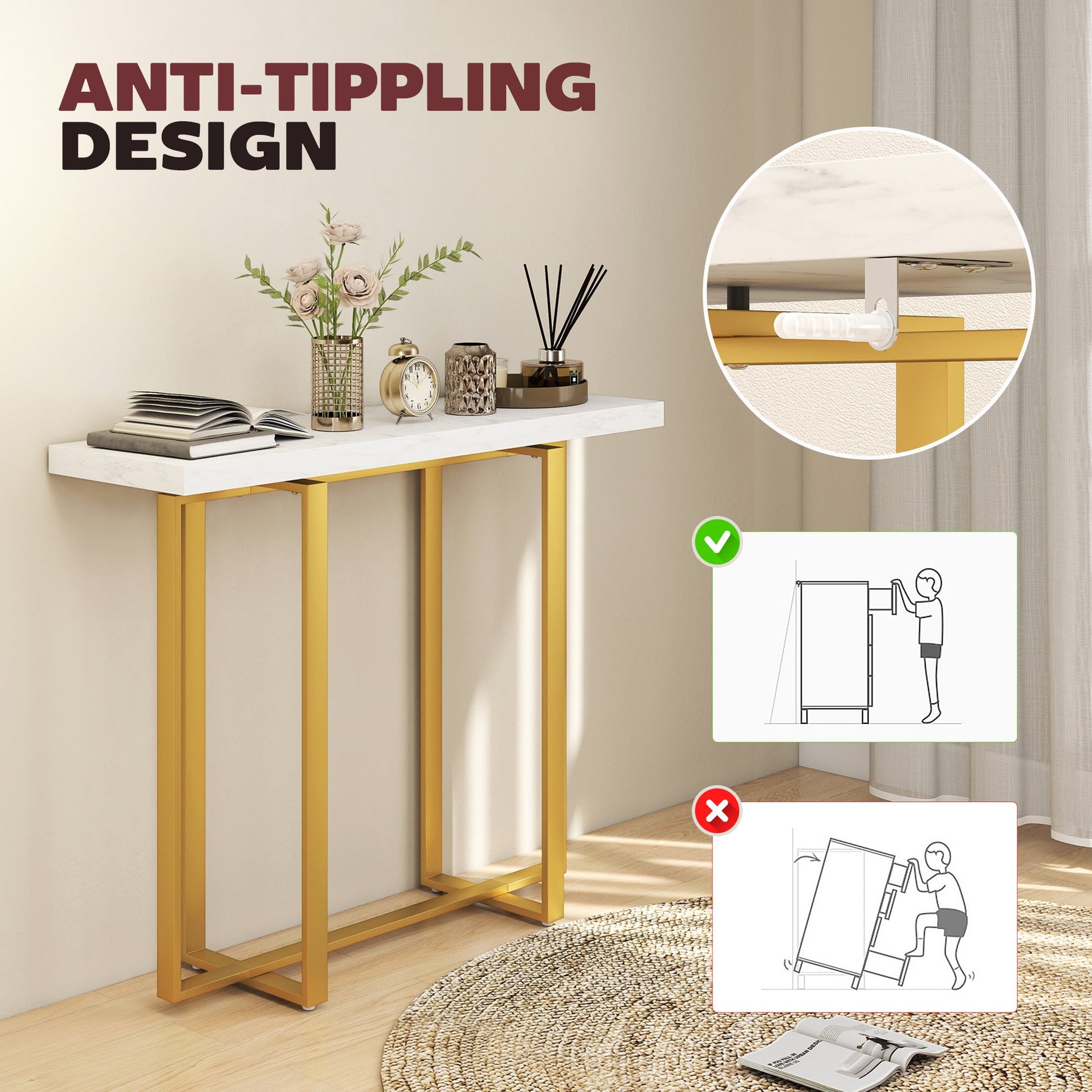 Console Table with Faux Marble Top, 100 cm Narrow Entryway Table with Anti-tipping Device, Steel Frame, White