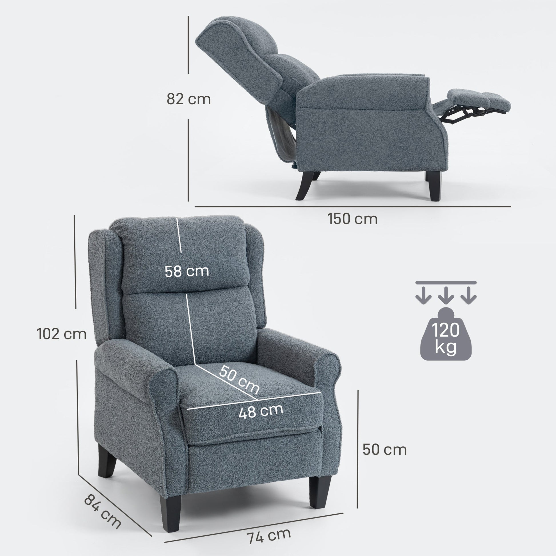 Recliner Armchair with Extended Leg Rest - Grey