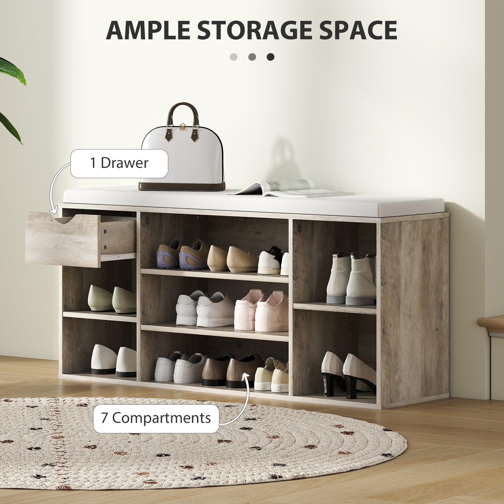 Shoe Storage Bench with Cushion - Grey