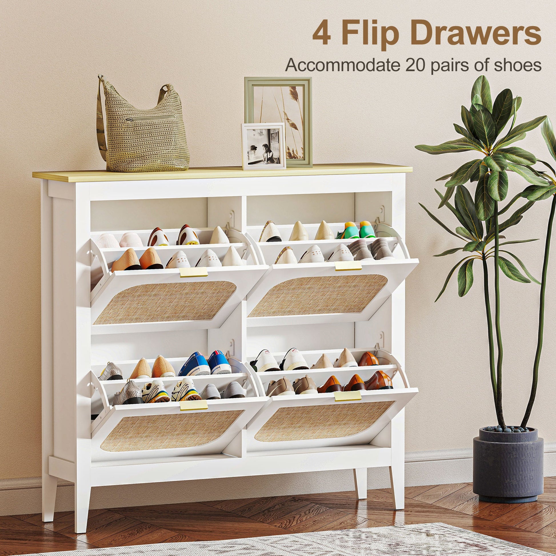 Narrow Shoe Cabinet, Boho Slim Shoe Storage Cabinet with 4 Flip Drawers, Holds 20 Pairs, White