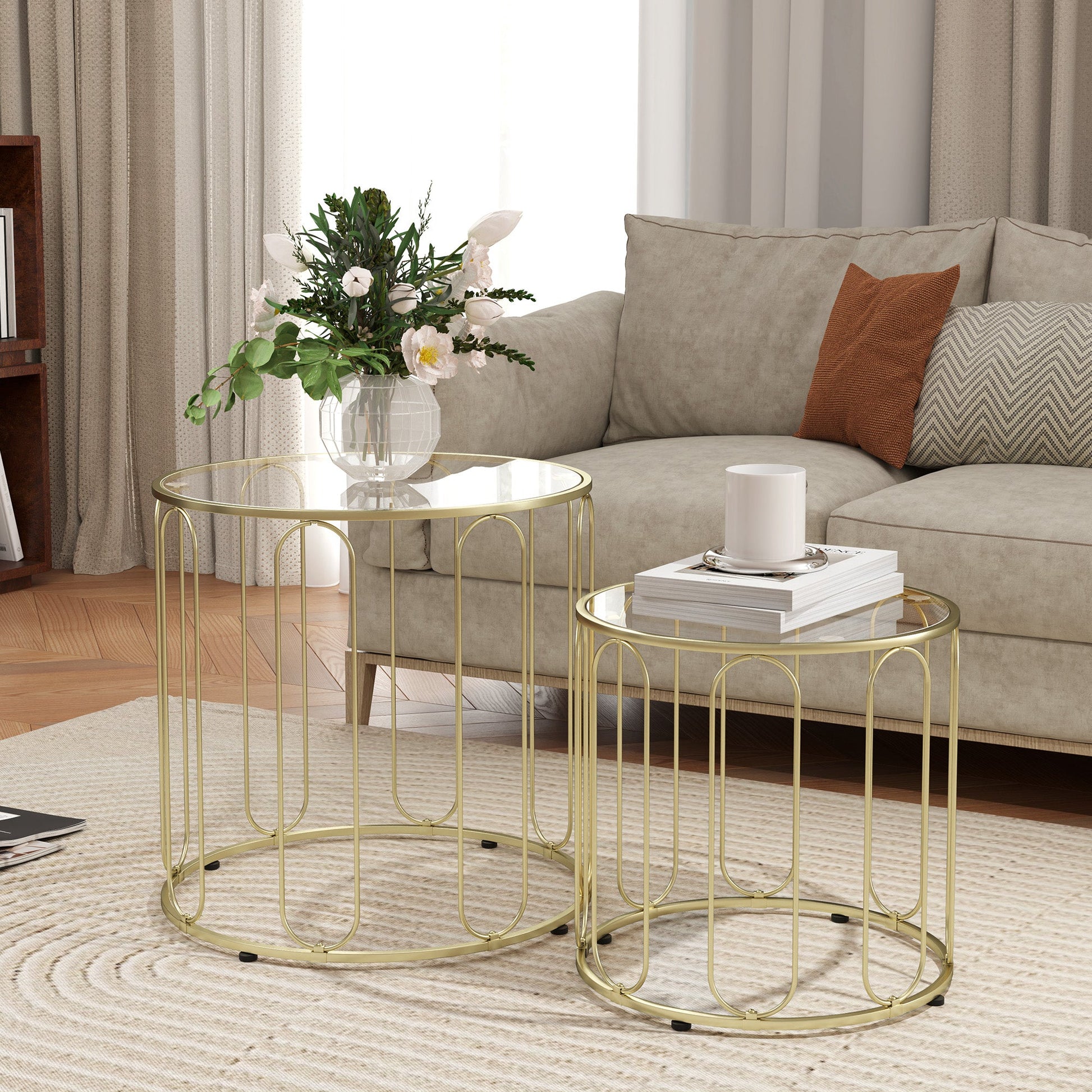 Round Coffee Table Set of 2, Glass Nest of Tables with Metal Frame and Tempered Glass Tabletop, Modern Side Tables for Living Room, Gold Tone