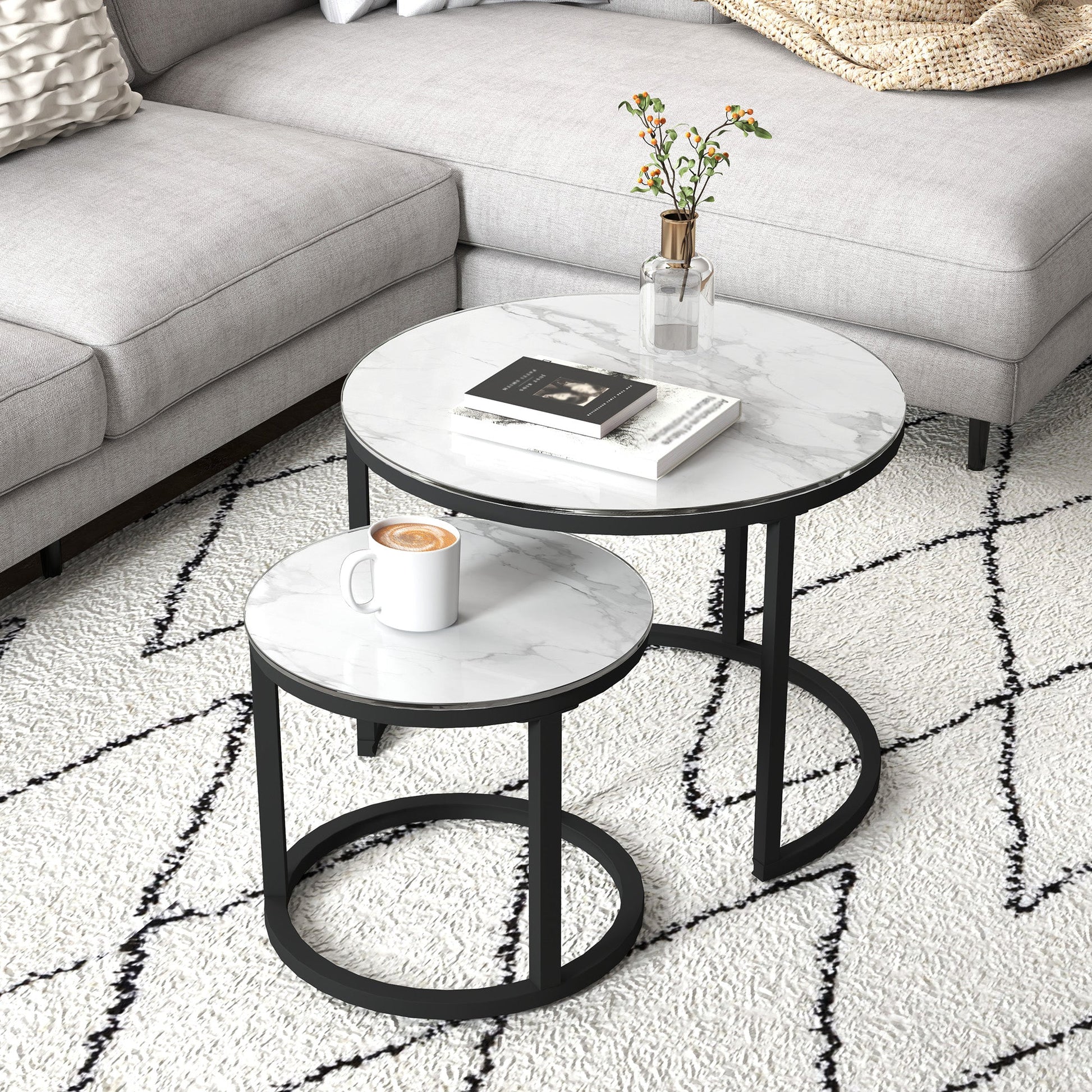 Glass Coffee Table Set of 2, Round Nest of Tables with Marble-Effect Tempered Glass Tabletop and Steel Frame, Modern Side Tables for Living Room, White