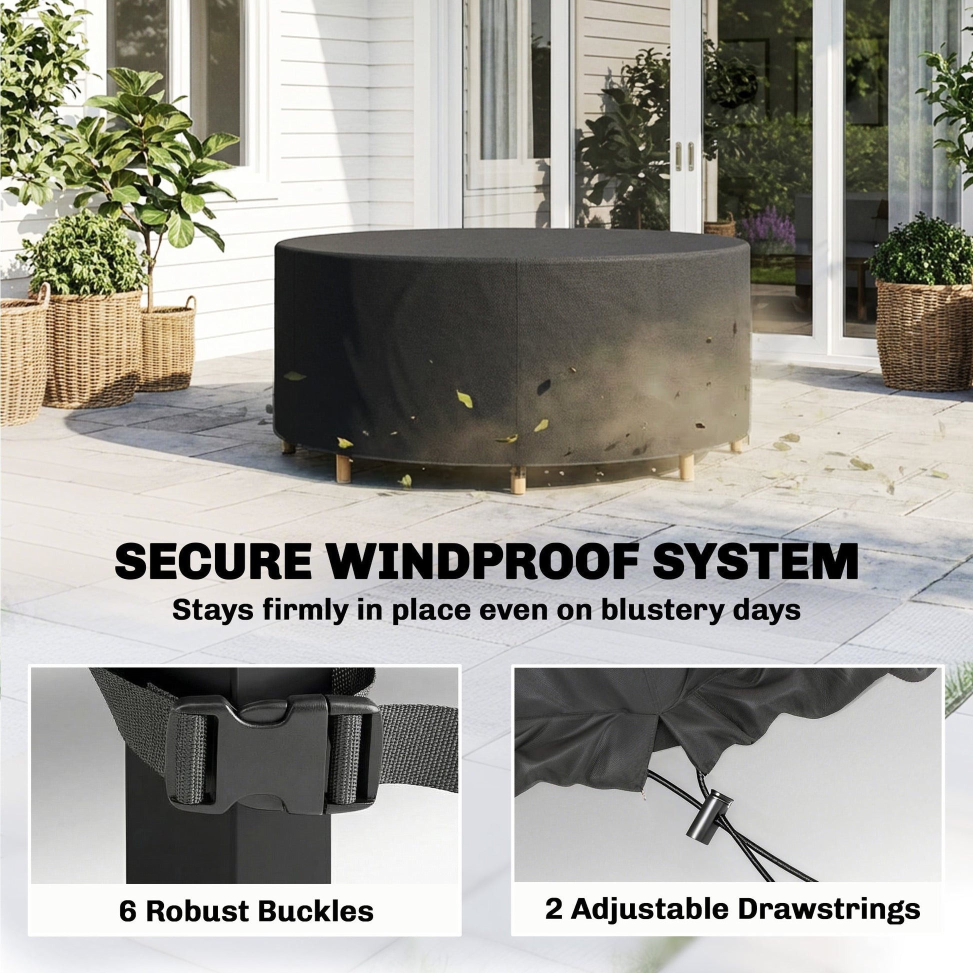 Round Garden Furniture Cover, Waterproof Garden Table Cover, 420D Heavy Duty Oxford for Outdoor, Dia.214 x 70 cm, Black