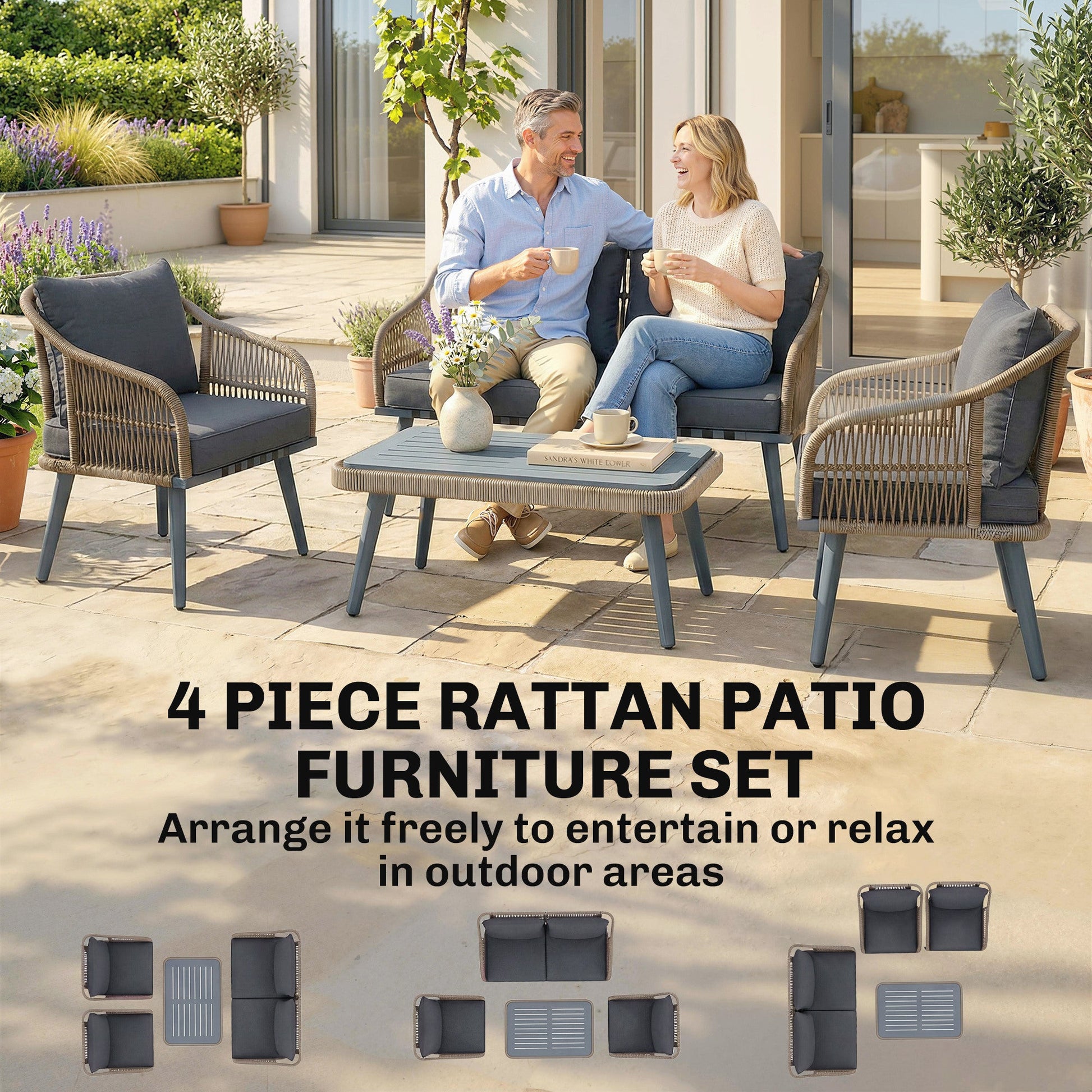 4 Piece Rattan Garden Furniture Set with Loveseat, Armchairs, Wood Table, Wicker Patio Conversation Set, Grey