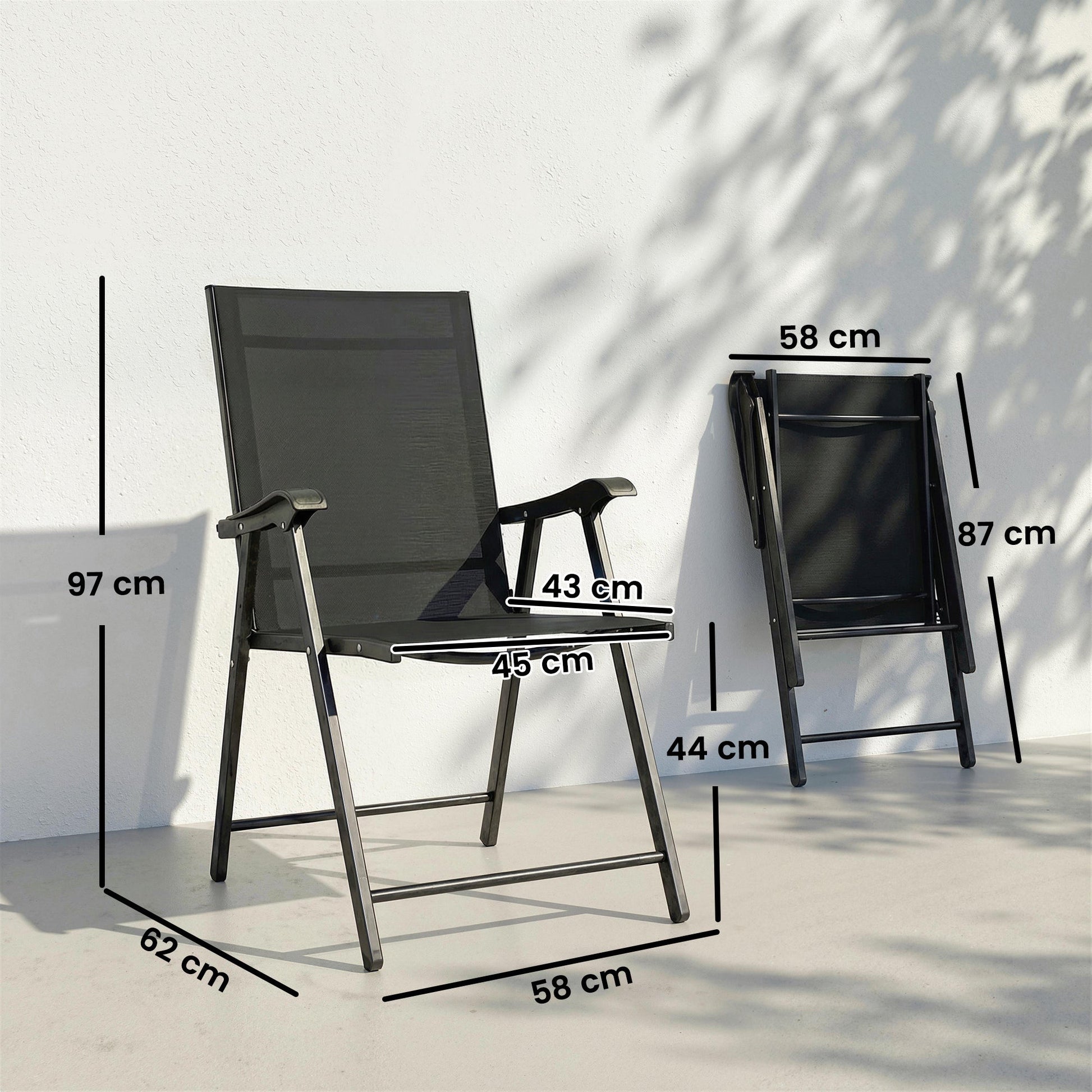 Folding Garden Chairs Set of 4, Foldable Garden Dining Chairs with High Back, Armrests, Texteline Seat, Black