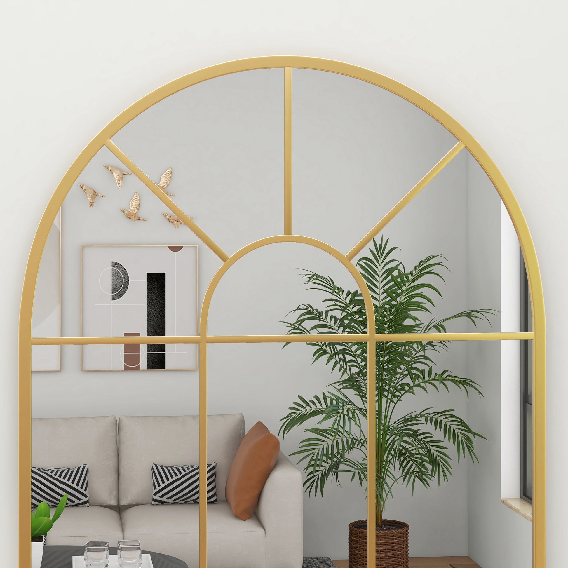 Modern Arched Wall Mirror, 91 x 60 cm Window Mirrors for Living Room, Bedroom, Gold Tone