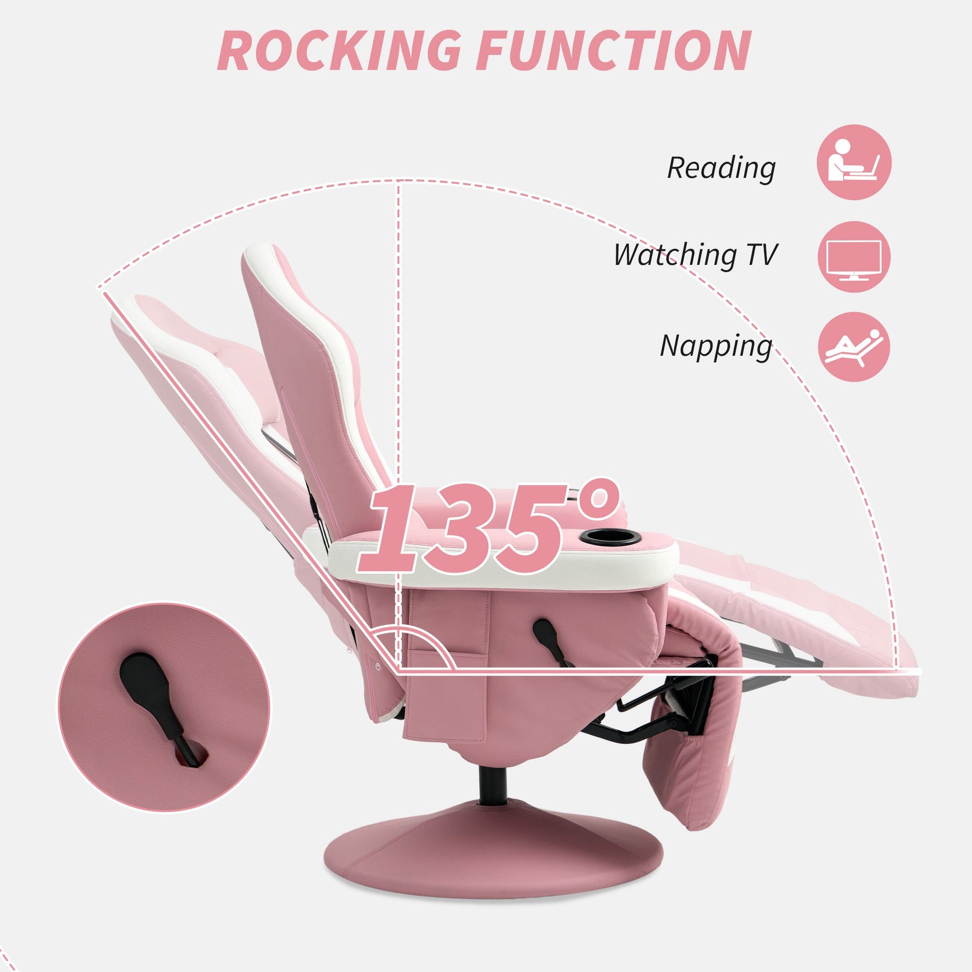 Manual Recliner Armchair PU Leather Lounge Chair w Adjustable Leg Rest, Reclining Function, Swivel, Pink