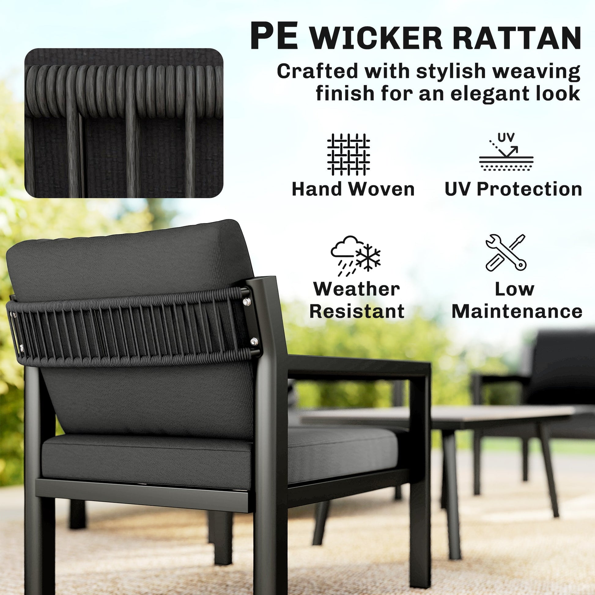 4 Seater Rattan Garden Furniture Set with 2 Armchairs, Loveseat, Coffee Table, Garden Sofa Set with Cushions, Dark Grey