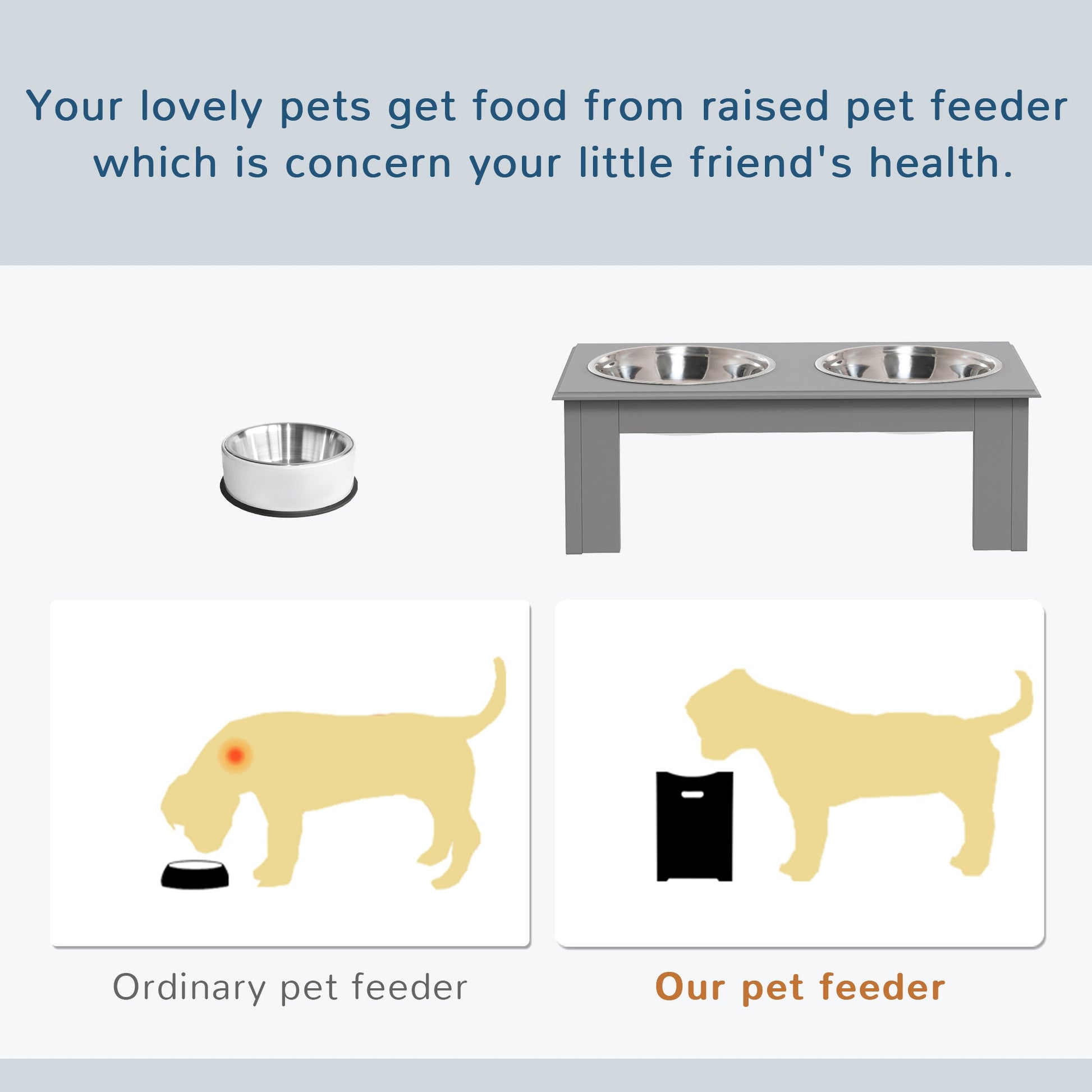 Raised Dog Feeding Bowls with Stand, Stainless Steel for  Extra Small and Small Dog, 44L x 24W x 15H cm - Grey