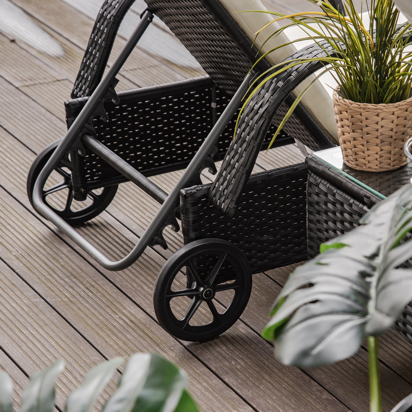 2 Seater Rattan Sun Lounger Set with Side Table Black