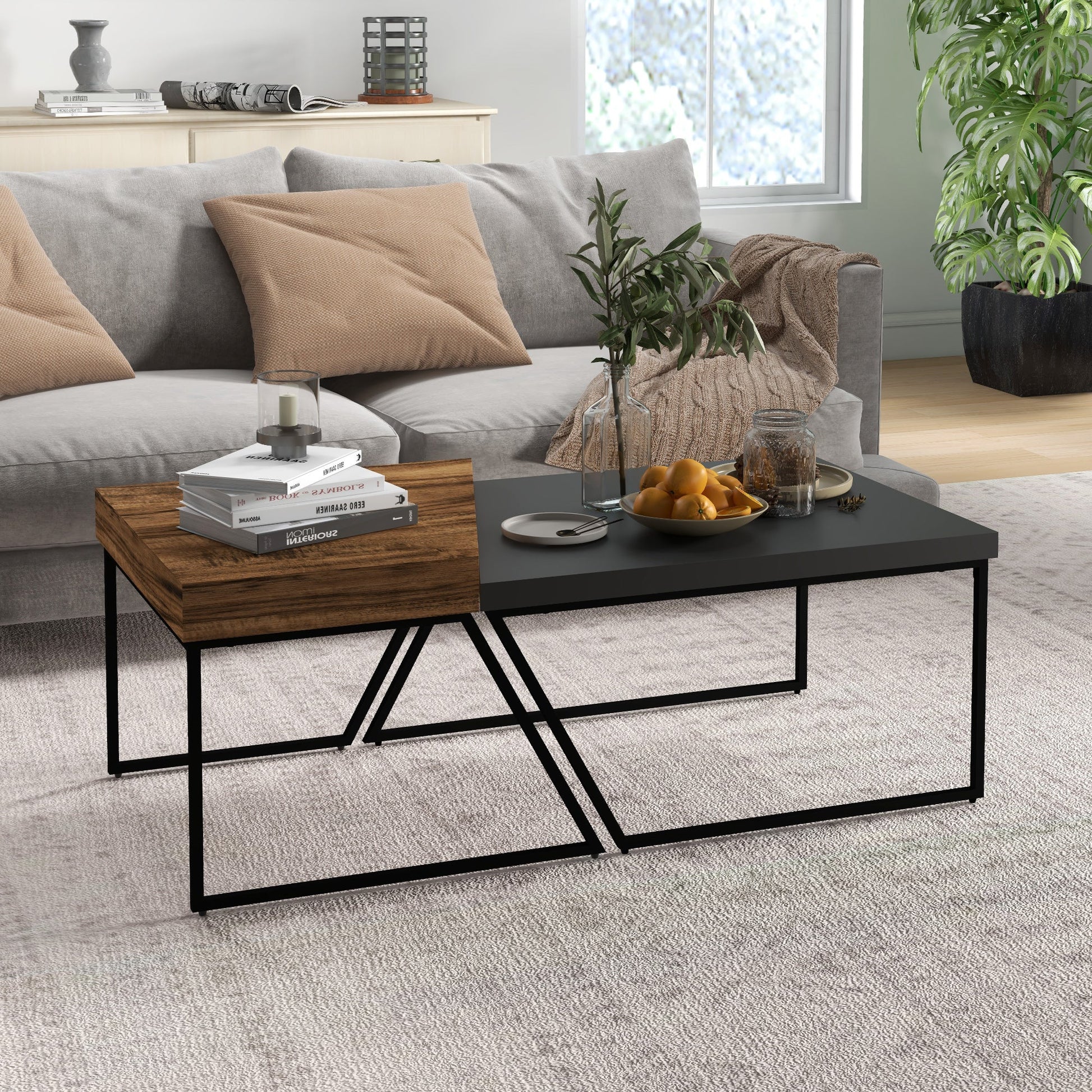 Coffee Table Set of 2, Industrial Nesting Table with Steel Frame and 8cm Thick Tabletop, Sofa Side End Table for Living Room, Rustic Brown