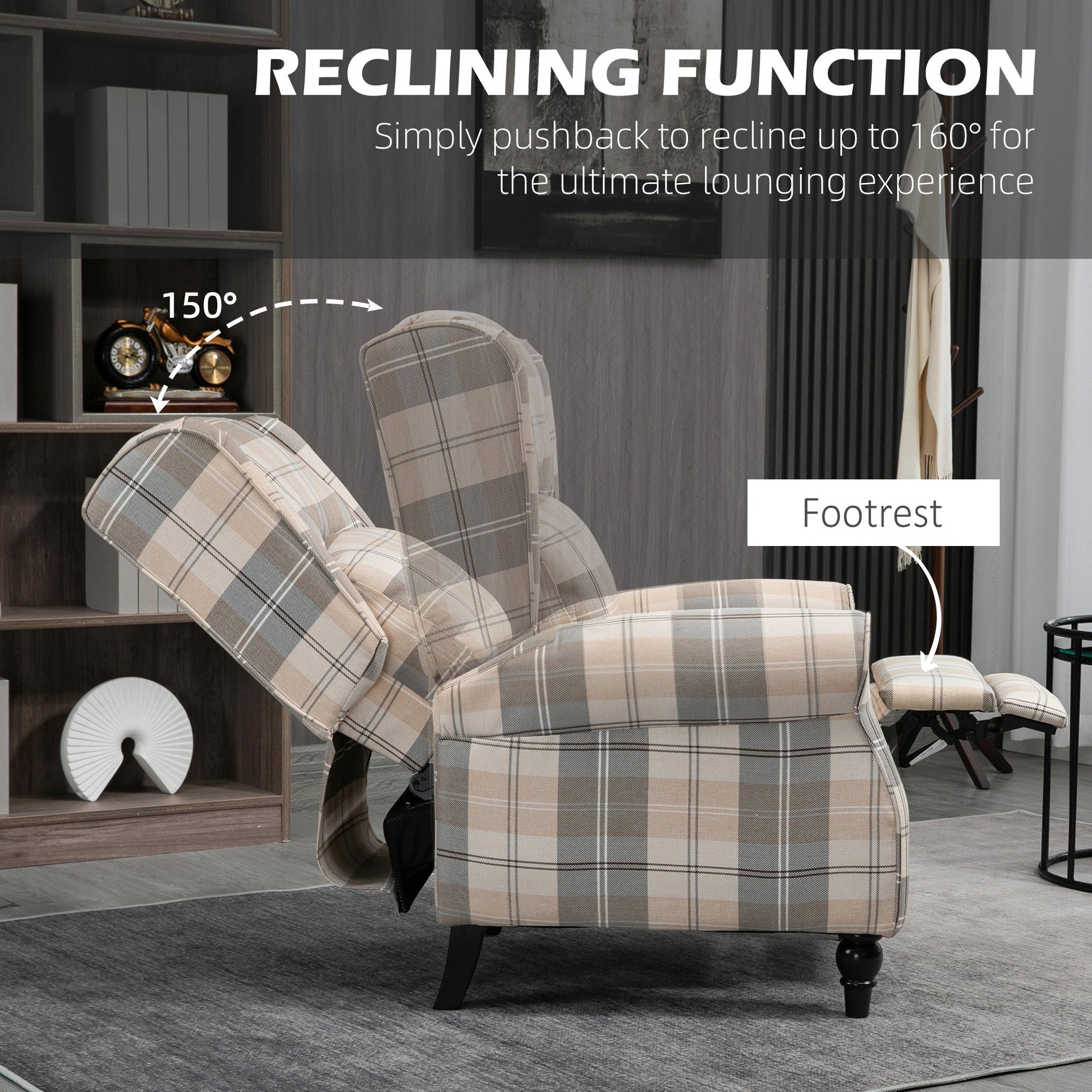Wingback Recliner Armchair for Living Room, Pushback Reclining Chair with Round Armrests, Footrest and Rubber Wood Legs, Khaki
