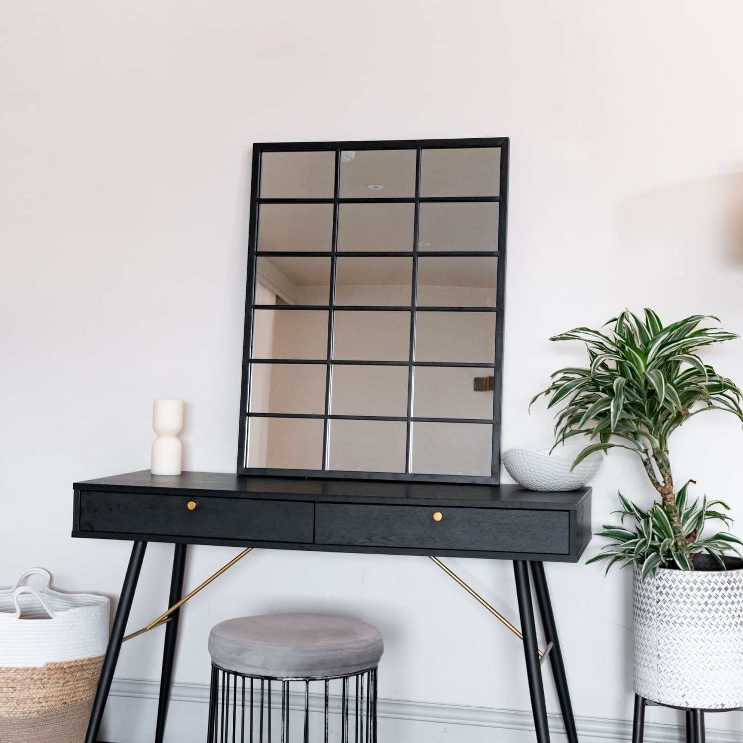 Kyō - Black Metal Rectangle Lattice Window Mirror - 90cm x 70cm