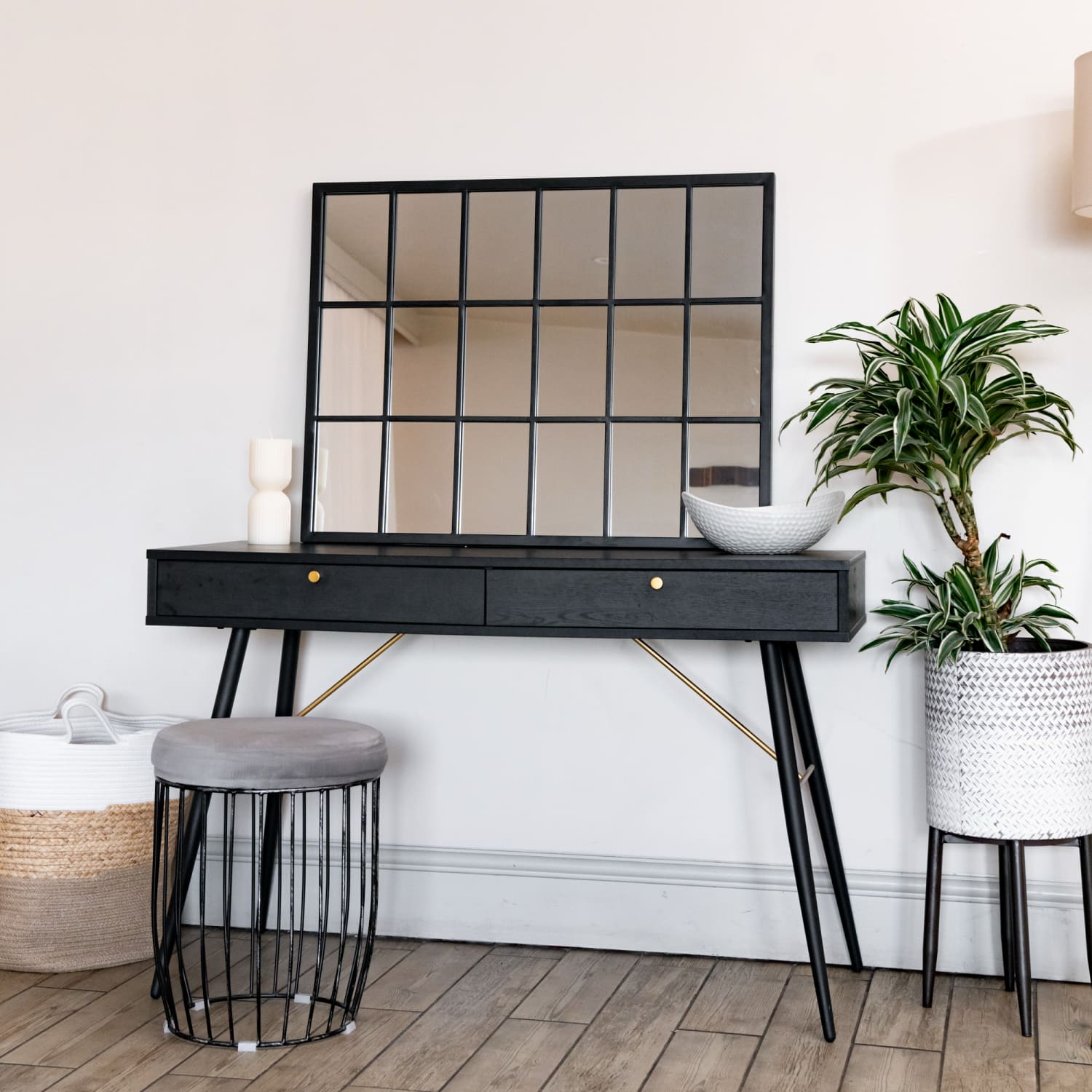 Kyō - Black Metal Rectangle Lattice Window Mirror - 90cm x 70cm