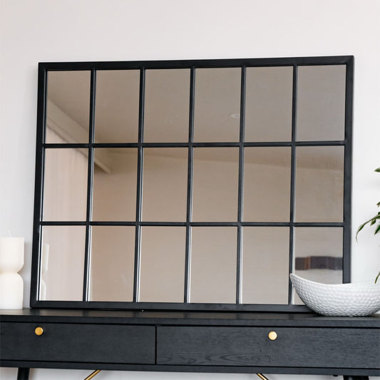 Black Metal Rectangle Lattice Window Mirror - 90cm x 70cm