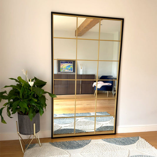 Full Length Black and Gold Metal Rectangle Lattice Grid Mirror - 180cm x 105cm.