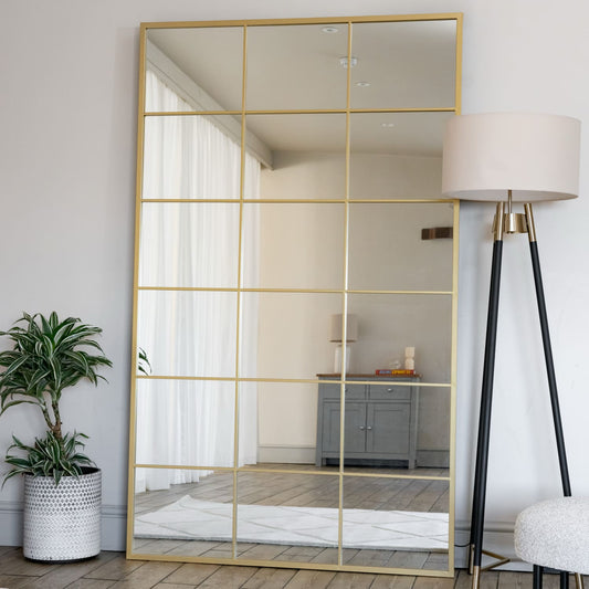 Full Length Gold Metal Rectangle Lattice Window Mirror - 200cm x 120cm
