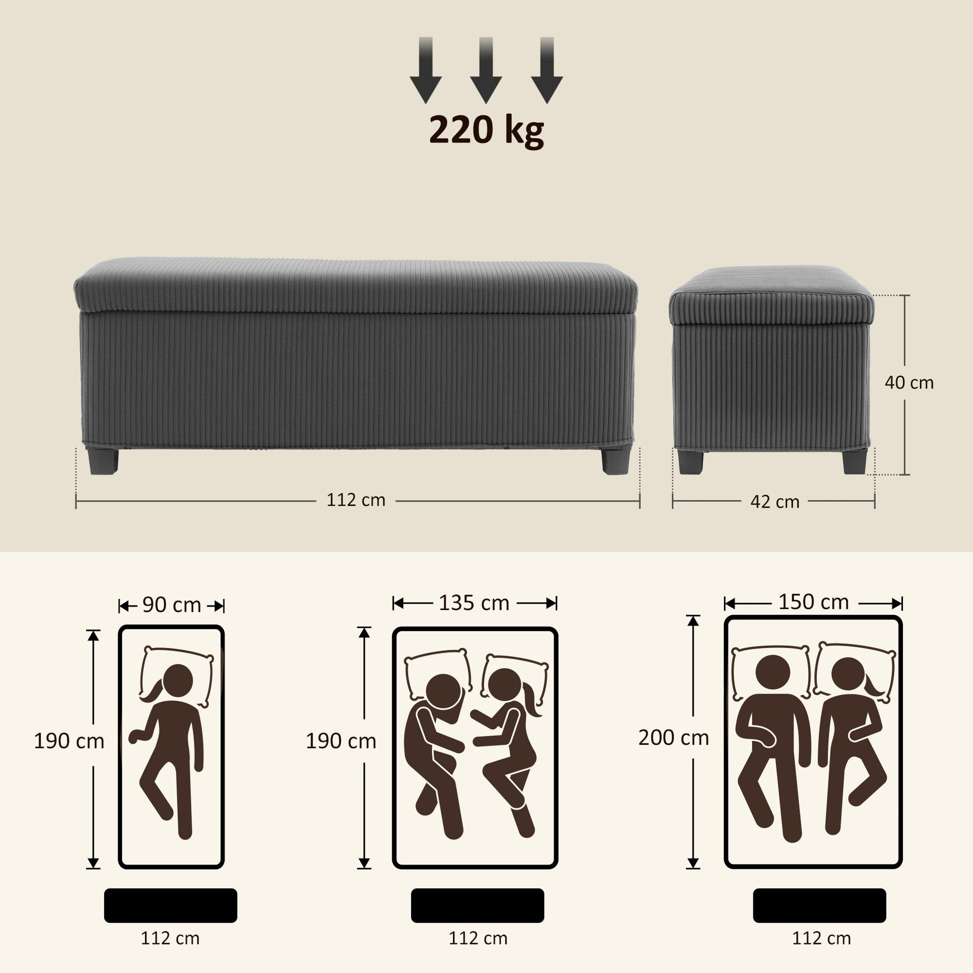 Storage Ottoman Bench, Corduroy Footstool with Removable Lid and Legs, 112cm Storage Chest Box for Living Room, Bedroom, Hallway, Grey