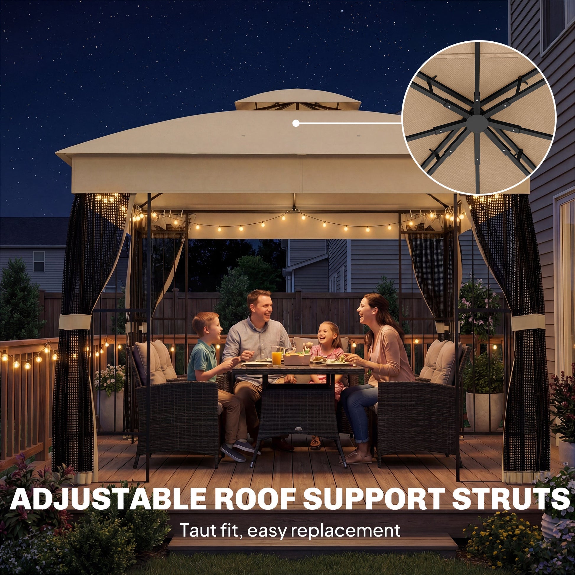 3 x 3 m Outdoor Garden Gazebo with Post Shelves, UPF50+ Double Roof Patio Permanent Pavilion, Brown