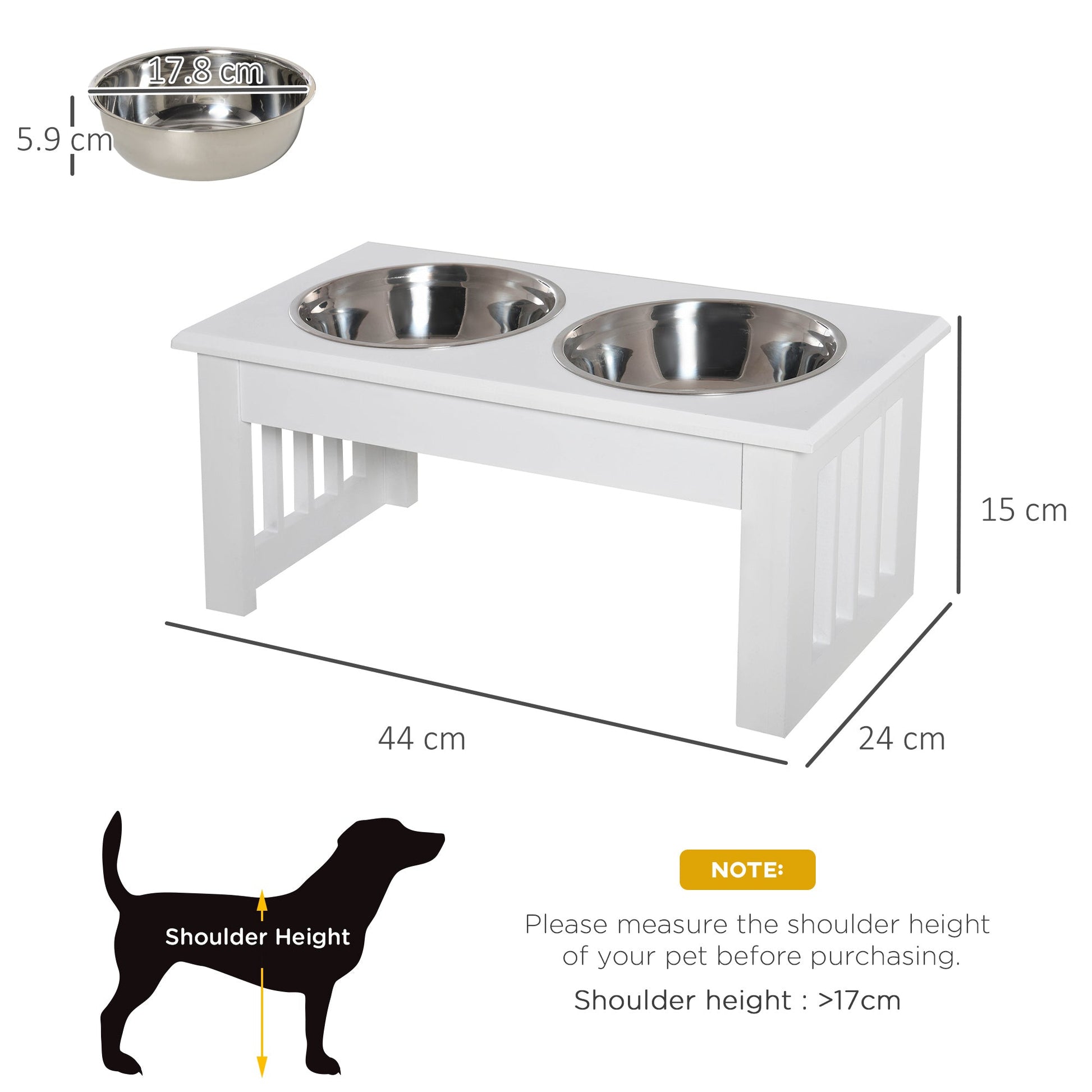 Raised Dog Feeding Bowls with Stand, Stainless Steel for  Extra Small and Small Dog, 44L x 24W x 15H cm - White