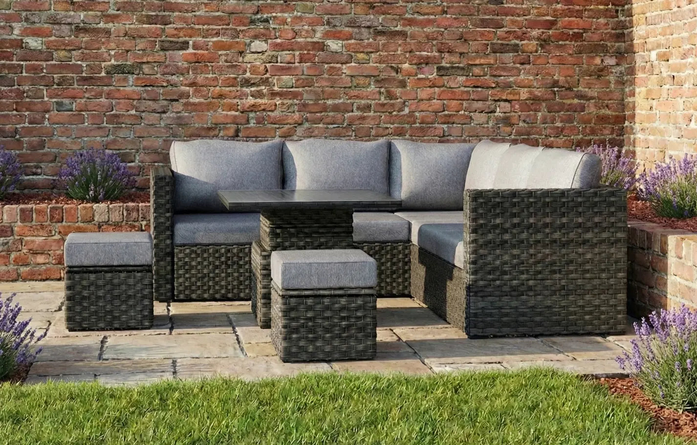 Lima 7-Seater Rattan Garden Corner Sofa Set | Height-Adjustable Table, Stools & Protective Cover