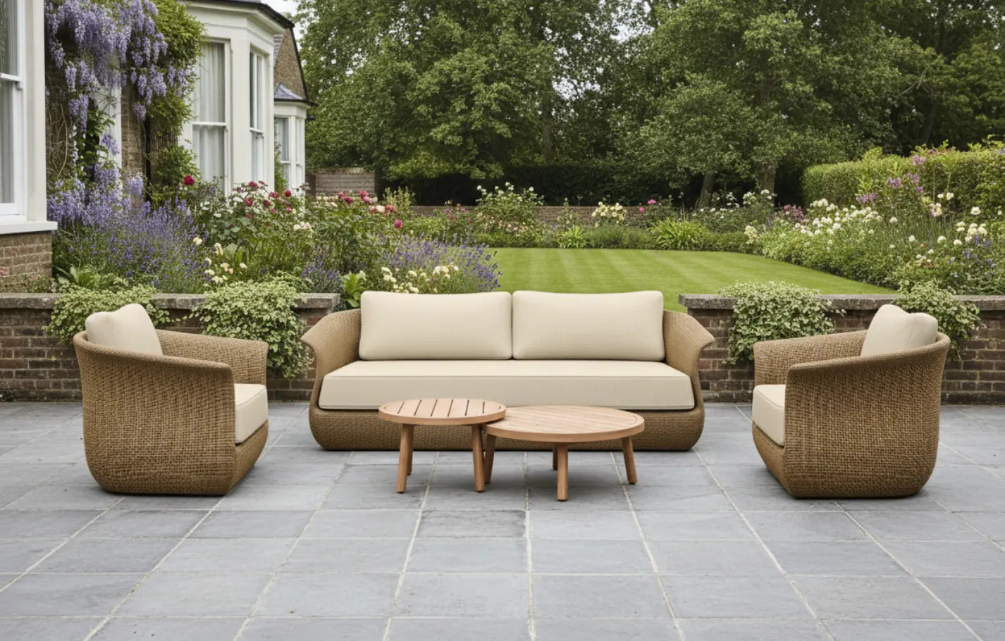Linden Rattan 5-Seater Outdoor Sofa & Armchair Set with Teak Coffee Tables
