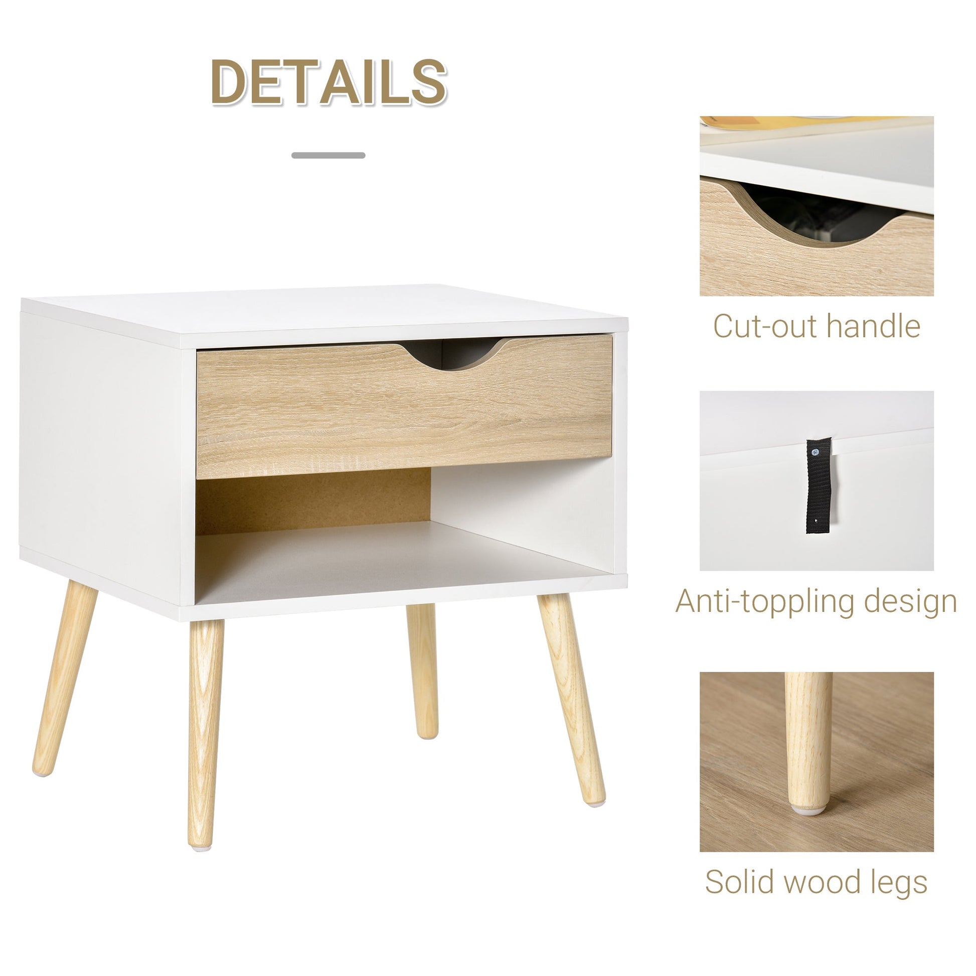 HOMCOM Bedside Table with Drawer and Shelf, Modern Nightstand, End Table for Bedroom, Living Room, White