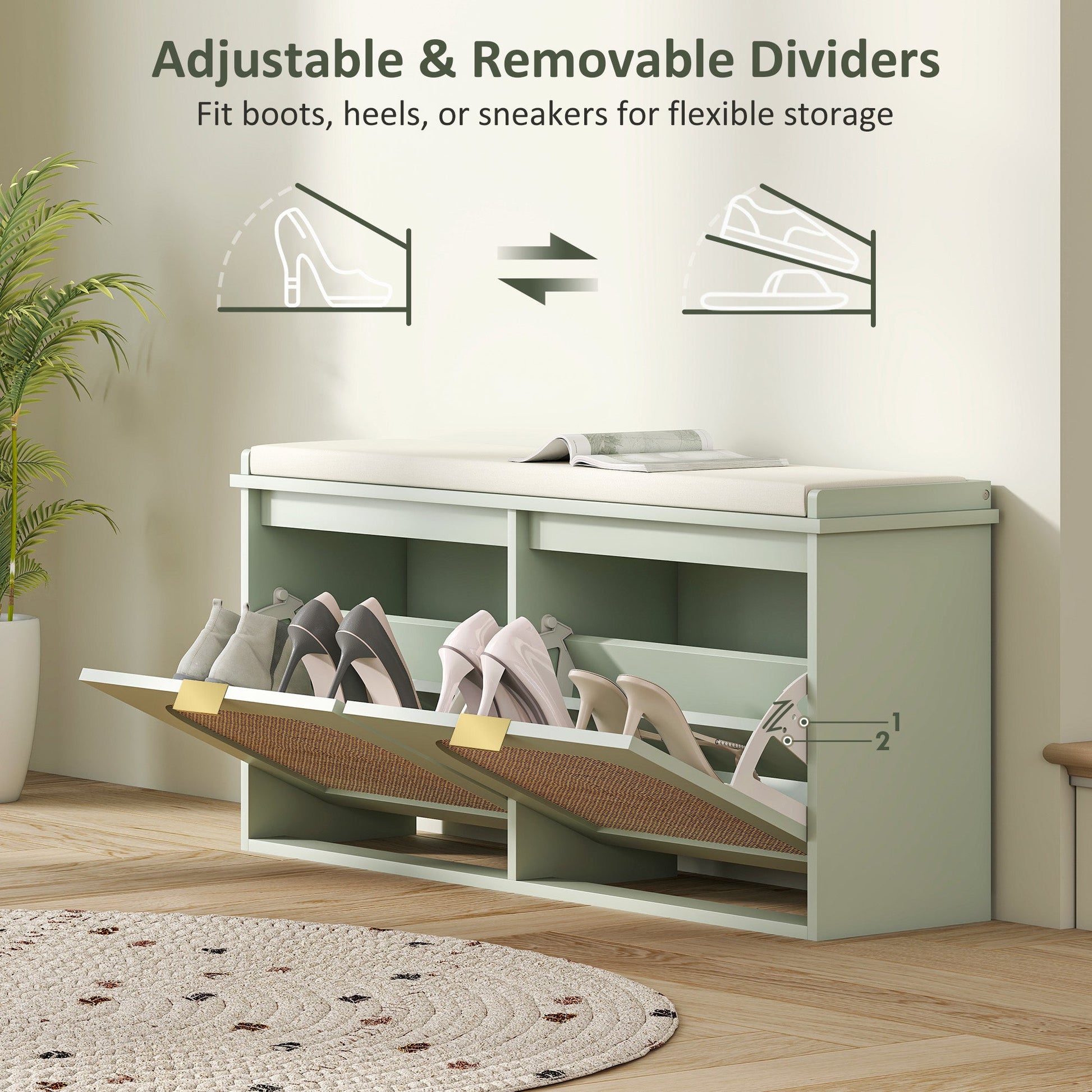Boho Shoe Bench with Padded Seat and 2 Flip-Drawers - Light Green