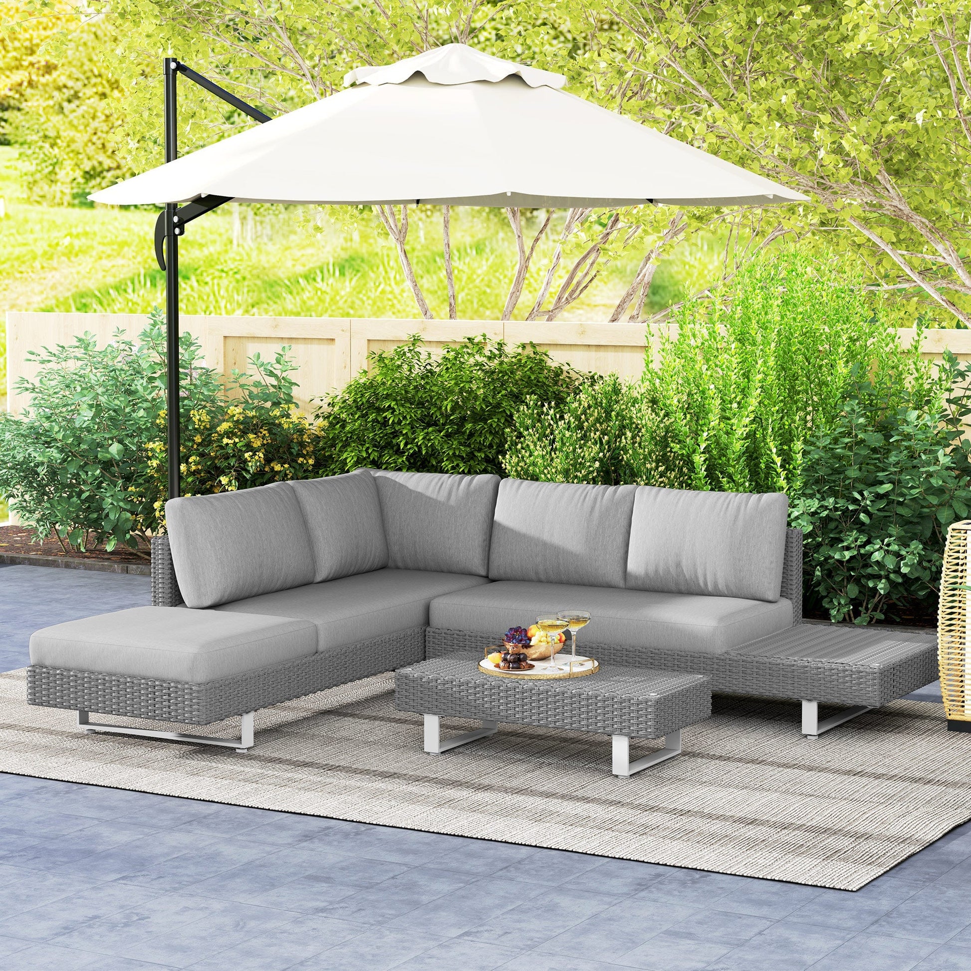 5-Seater Rattan Wicker Sofa Set Furniture Patio Tea Table Set with Cushions, Light Grey