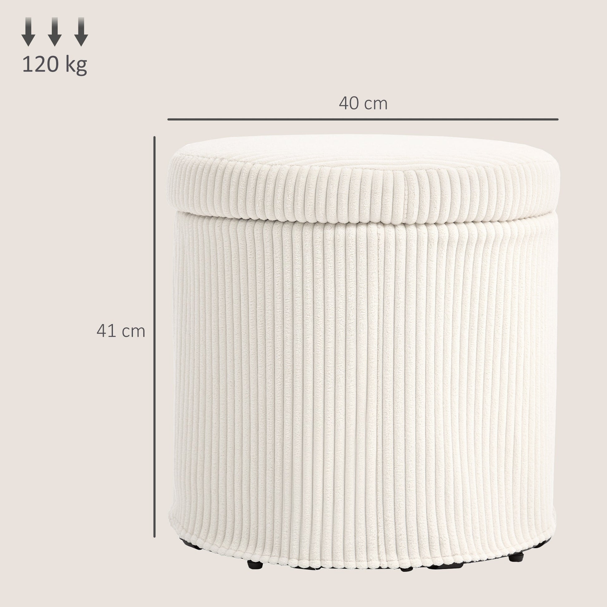 40cm Round Storage Ottoman, Corduroy Footstool with Removable Lid and Legs, Vanity Stool for Living Room, Bedroom, Beige