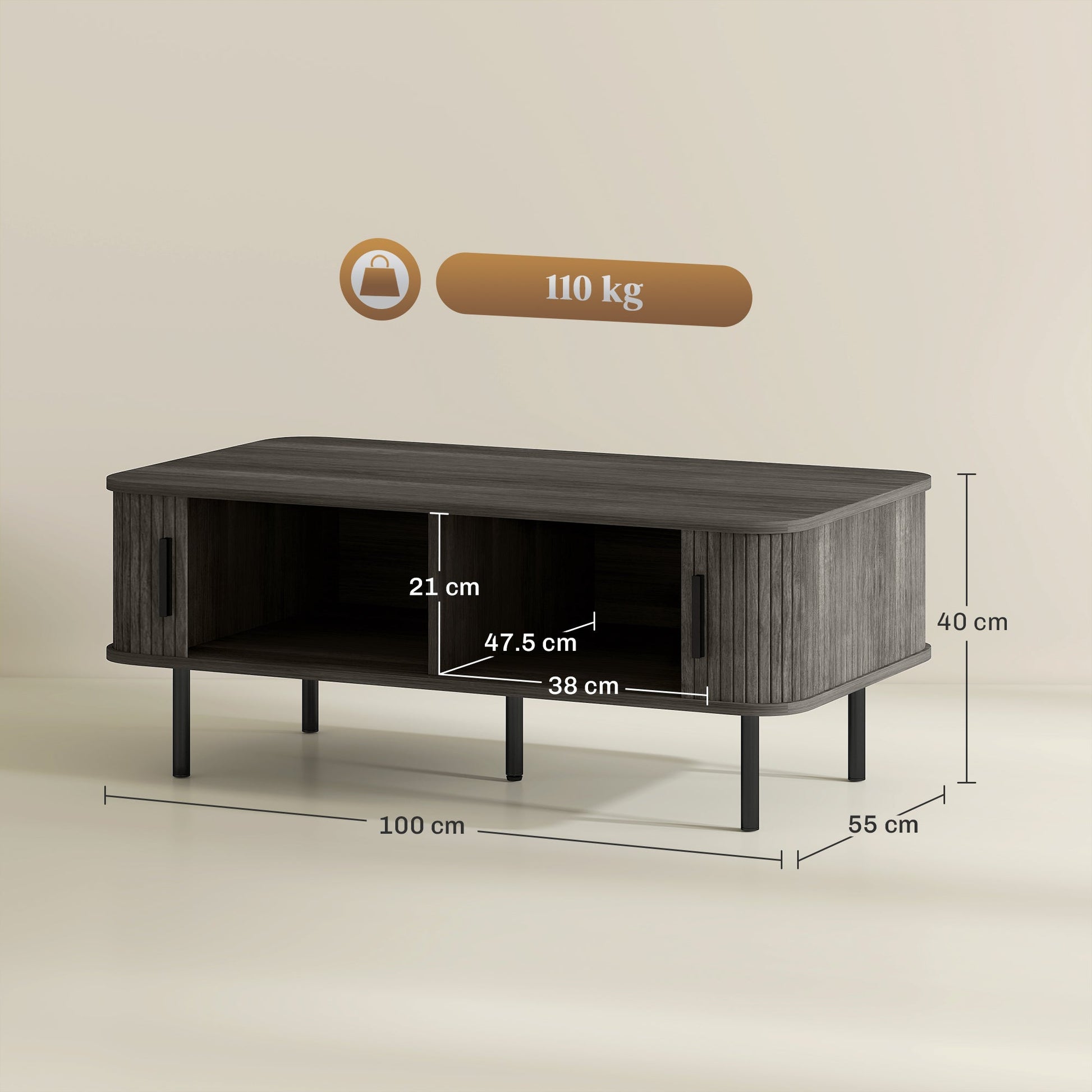 Coffee Table with Storage, Living Room Table with Slatted Tambour Sliding Doors and Foot Pads, Rectangular Coffee Table with Elevated Base for Living Room, Grey Wood-Effect