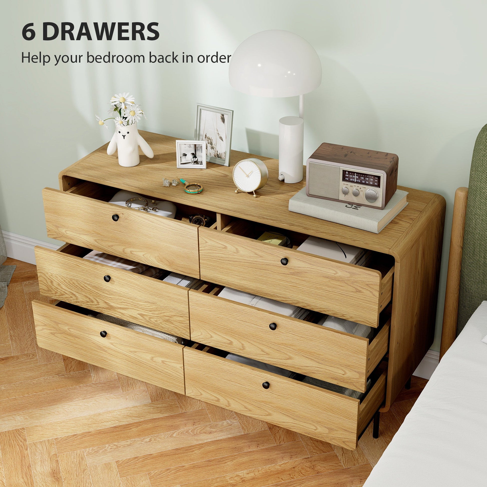Chest of Drawers, 6 Drawer Dresser - Oak