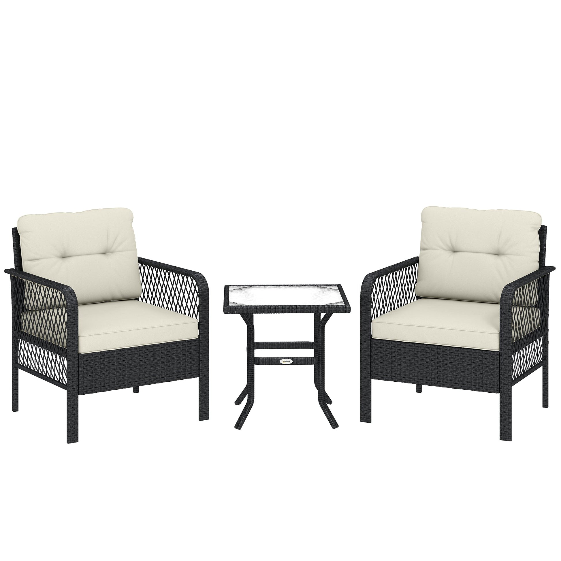 3 Pieces Rattan Bistro Set with Glass Top Coffee Table, Chairs and Cushions for Outdoor, Patio, Balcony, Cream